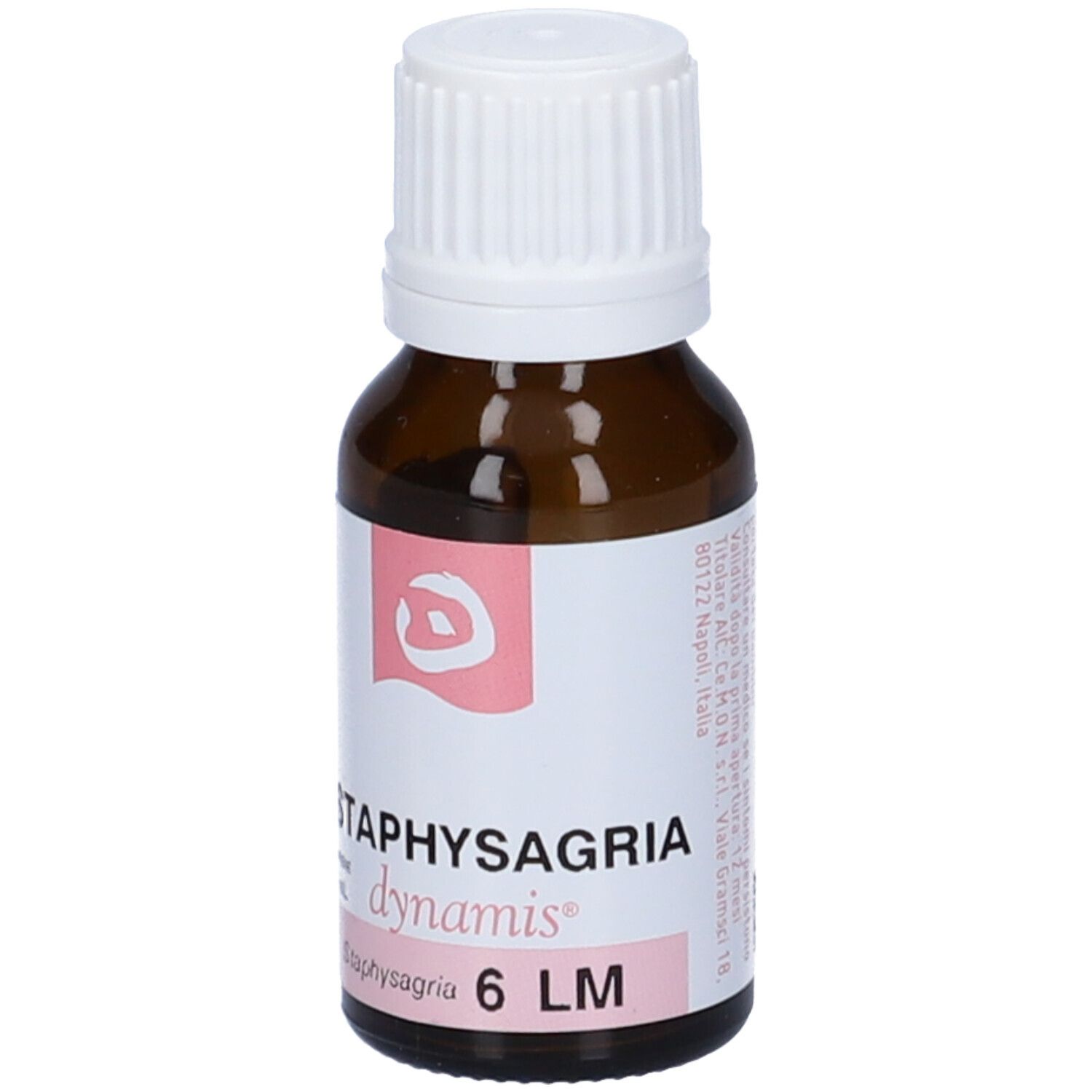 Flacone di vetro marrone con tappo bianco. Etichetta con nome del prodotto e logo. Scritta: Staphysagria dynamis 6 LM.