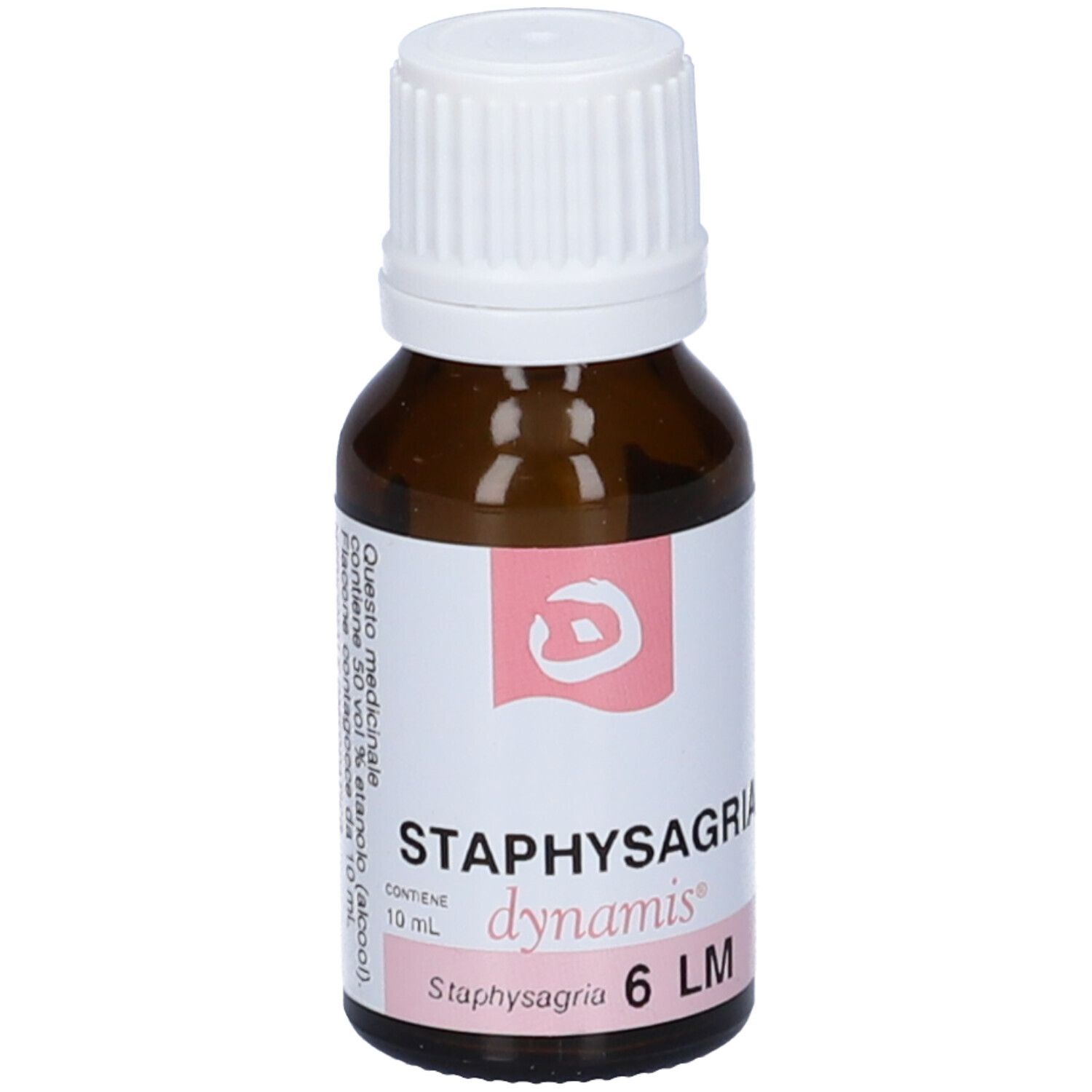 Flacone di vetro marrone con tappo bianco. Etichetta con informazioni sul prodotto. Scritta: Staphysagria dynamis 6 LM.