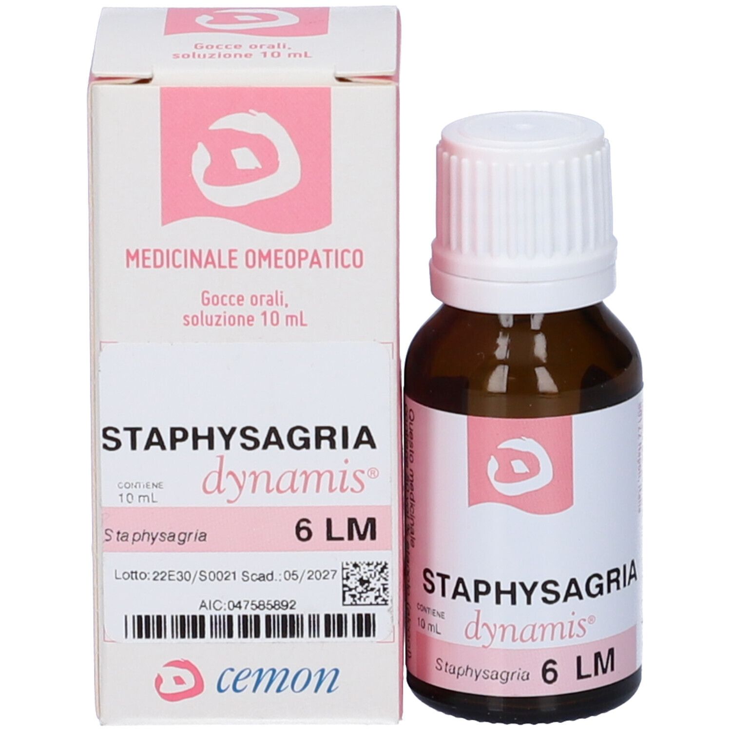 Flacone di vetro marrone con tappo bianco e confezione. Confezione con nome del prodotto e logo. Scritta: Staphysagria dynamis 6 LM.