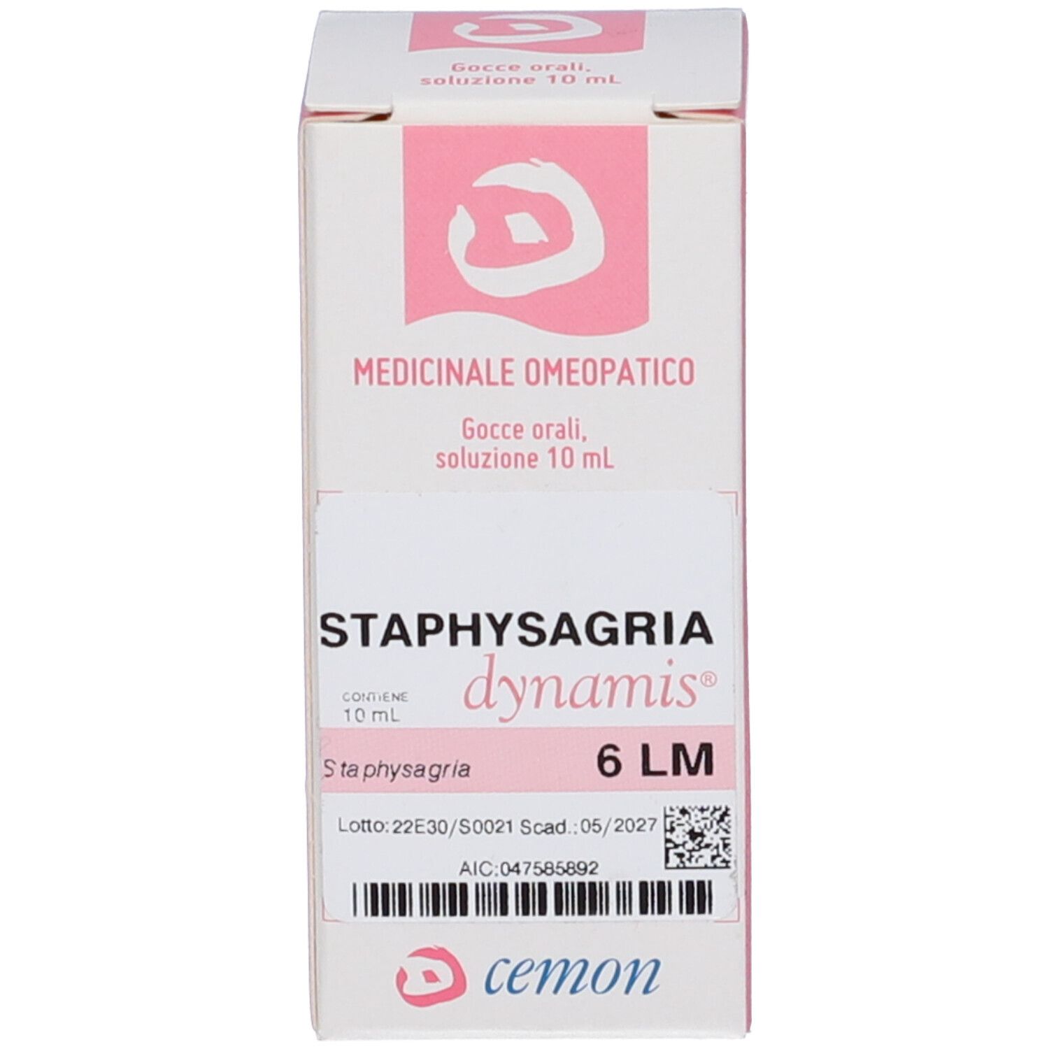 Confezione con nome del prodotto e logo. Scritta: Staphysagria dynamis 6 LM. Con informazioni sul prodotto e numero di lotto.