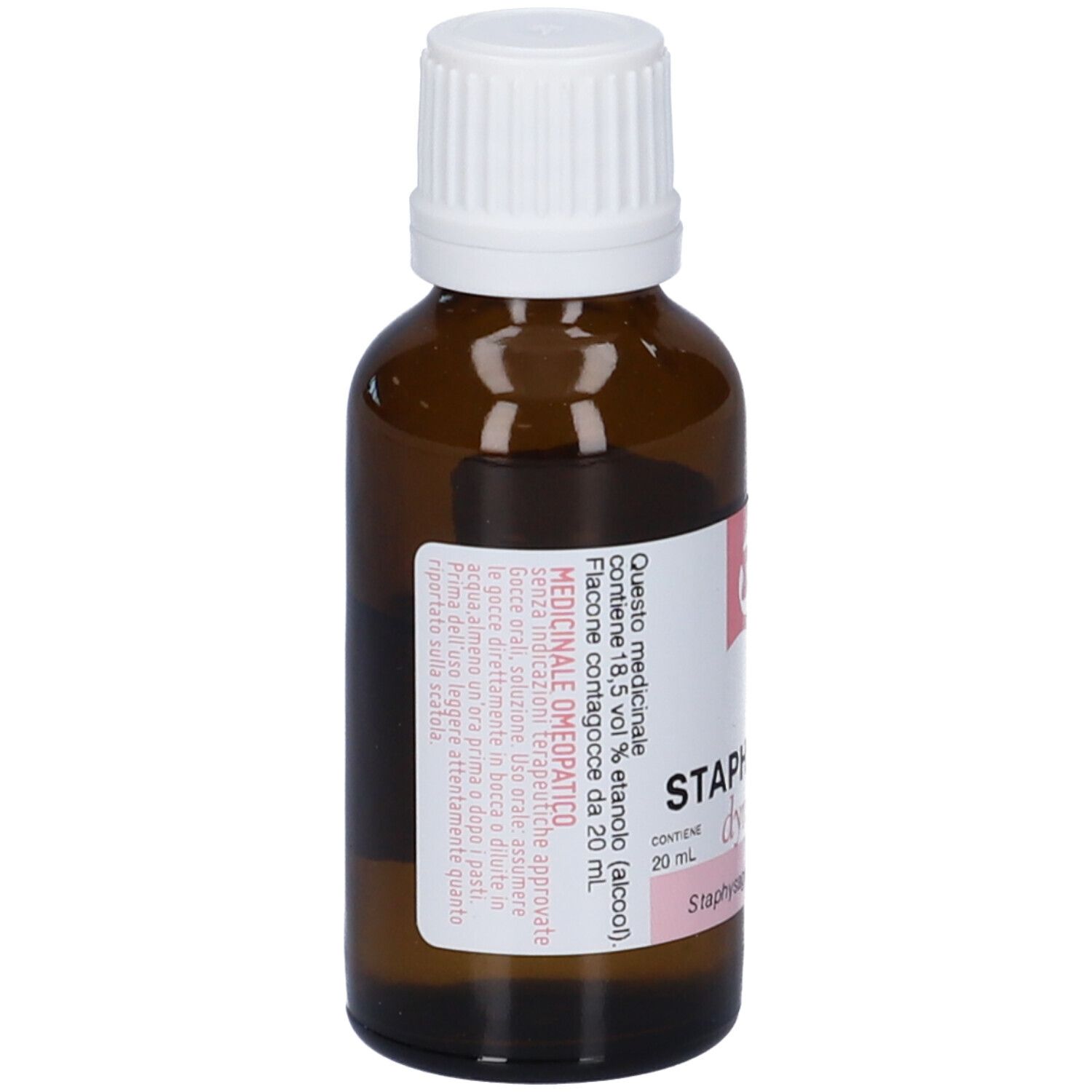 Flacone di vetro marrone con tappo bianco. Etichetta con informazioni sul prodotto. Logo rosa.