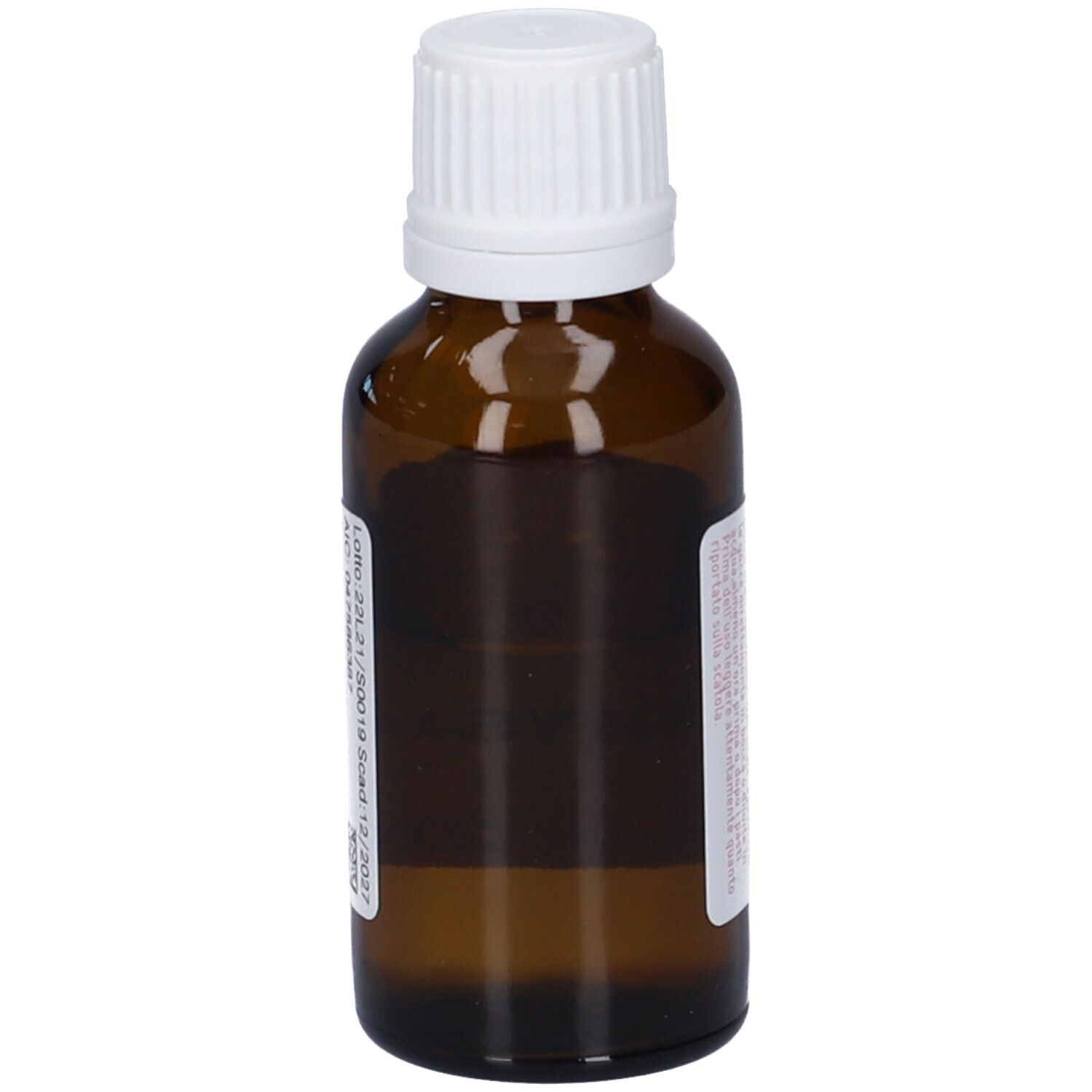 Flacone di vetro marrone con tappo bianco. Etichetta con informazioni sul prodotto. Logo rosa.