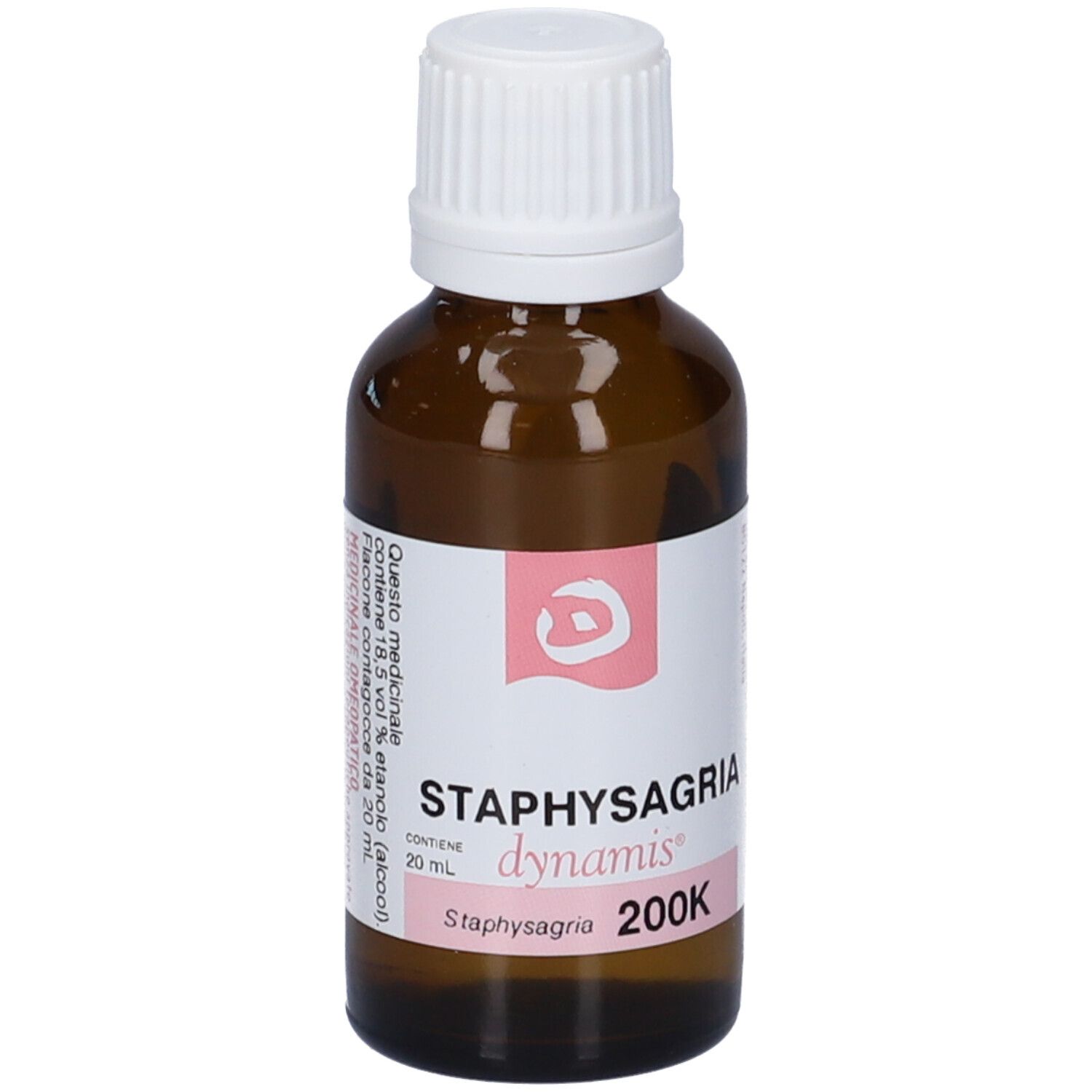 Flacone di vetro marrone con tappo bianco. Etichetta con nome e 200K. Logo rosa.