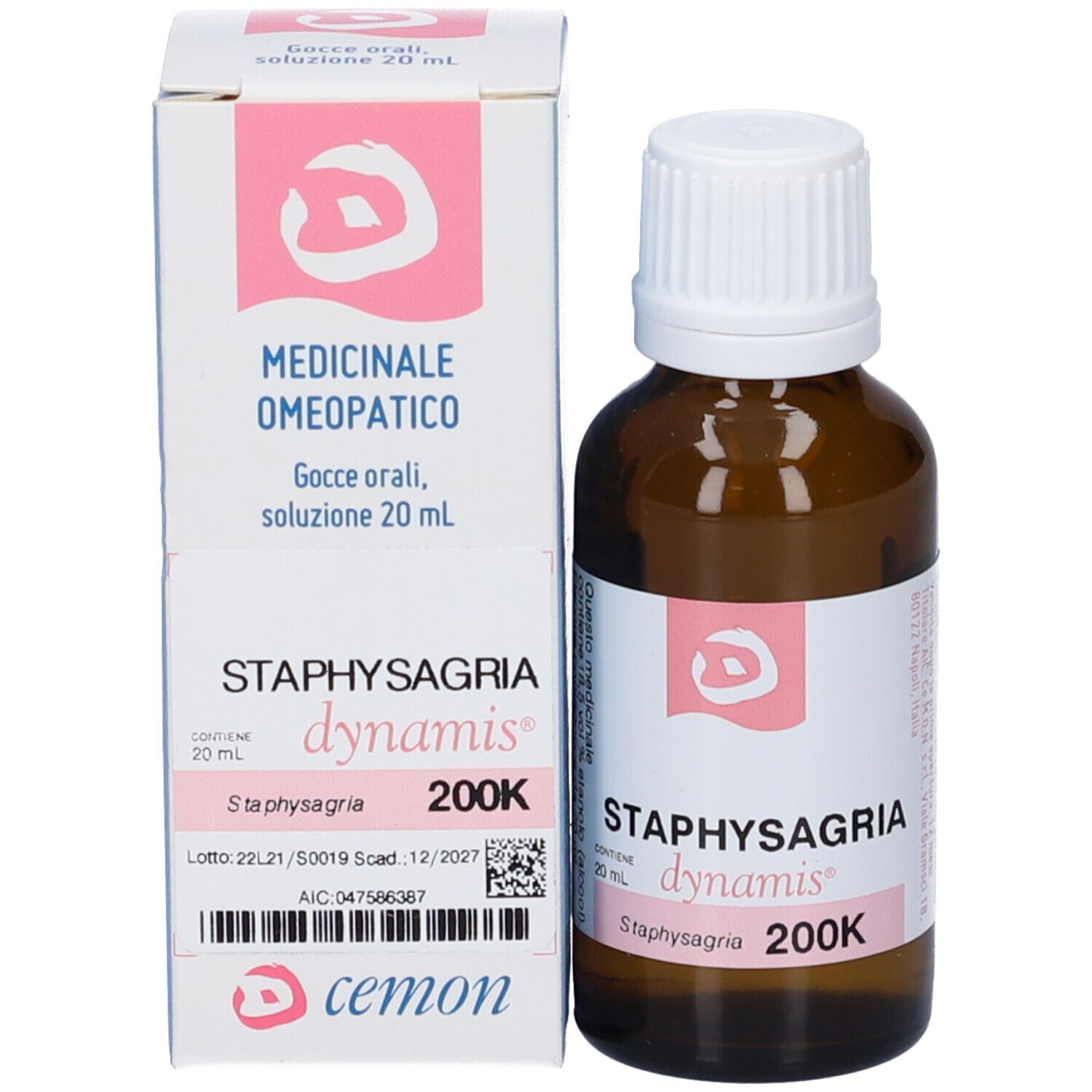 Flacone e confezione. Confezione con nome e logo. Flacone con tappo bianco.