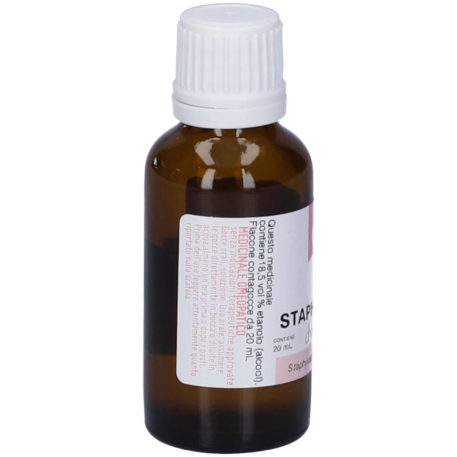 Flacone di vetro marrone con tappo bianco. Etichetta con informazioni sul prodotto. Contenuto: 20 ml.