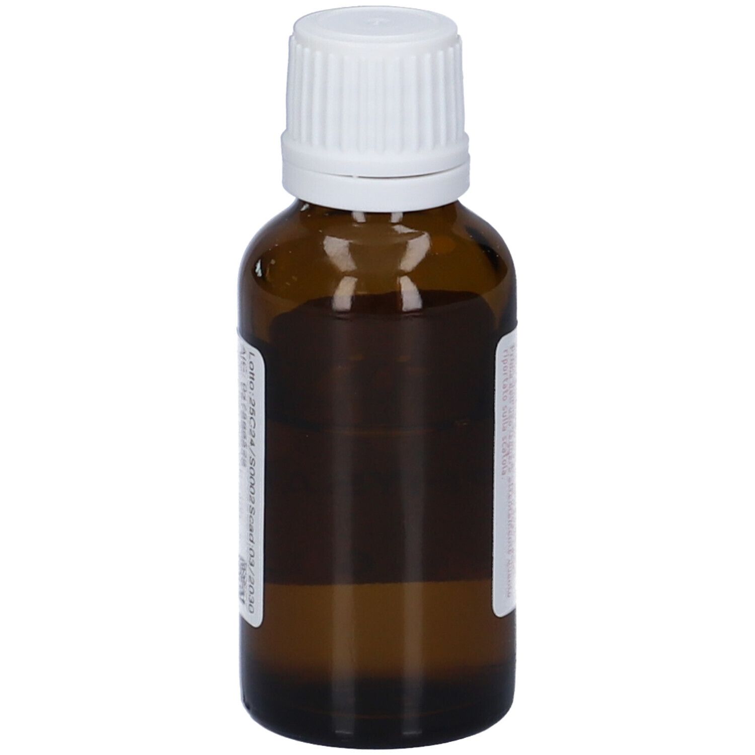 Flacone di vetro marrone con tappo bianco. Etichetta con informazioni sul prodotto. Contenuto: 20 ml.