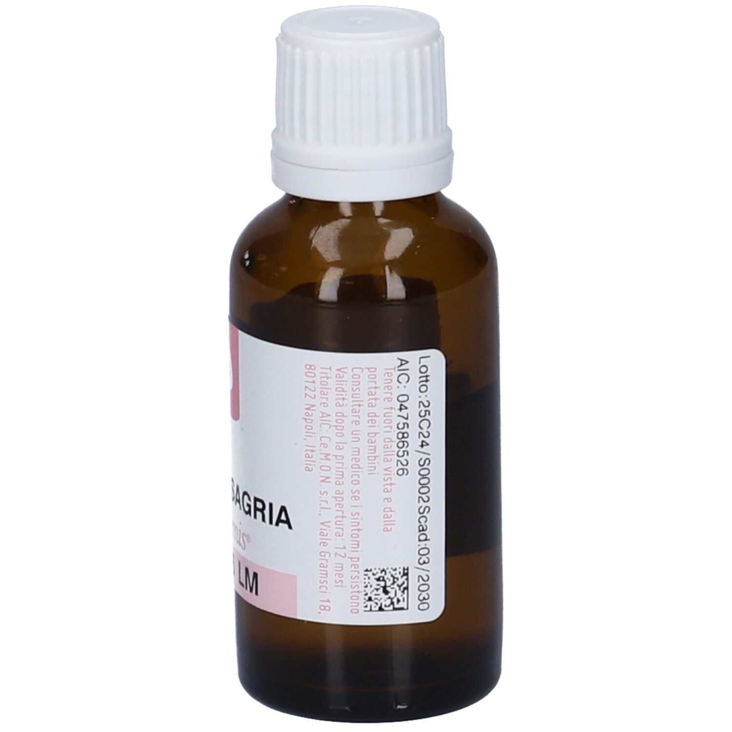 Flacone di vetro marrone con tappo bianco. Etichetta con informazioni sul prodotto. Contenuto: 20 ml.