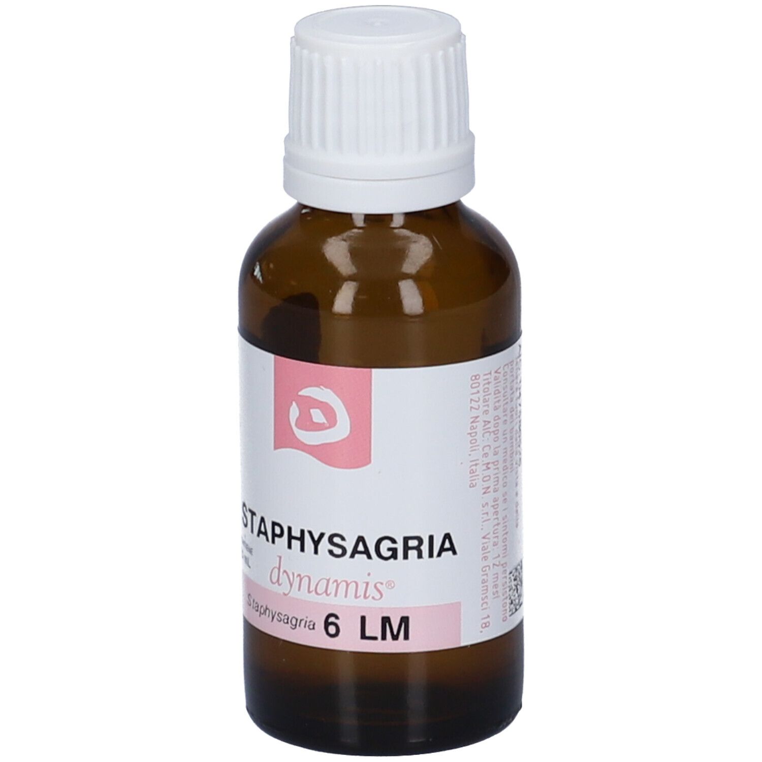 Flacone di vetro marrone con tappo bianco. Etichetta con nome del prodotto e logo. Contenuto: 20 ml.