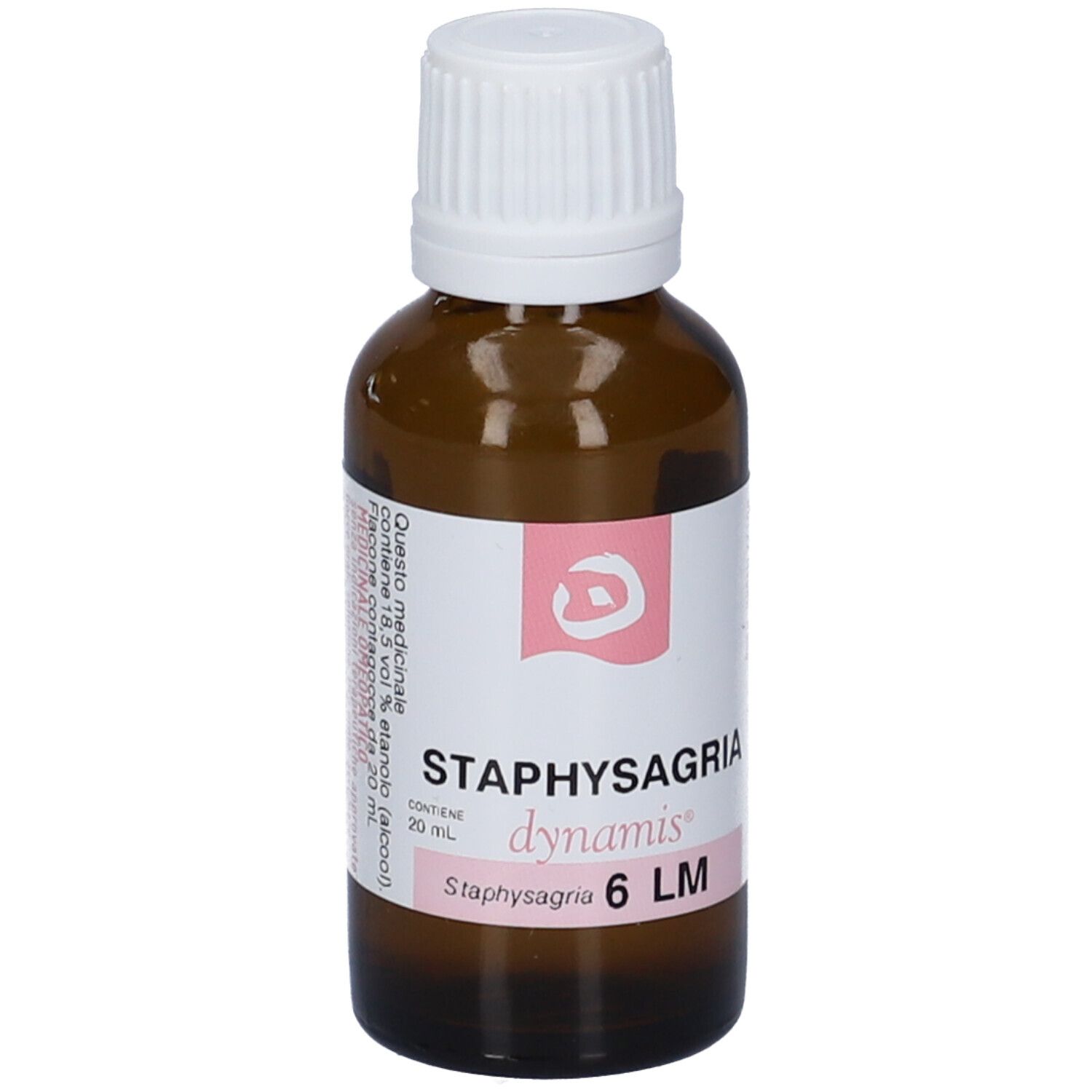 Flacone di vetro marrone con tappo bianco. Etichetta con nome del prodotto e logo. Contenuto: 20 ml.