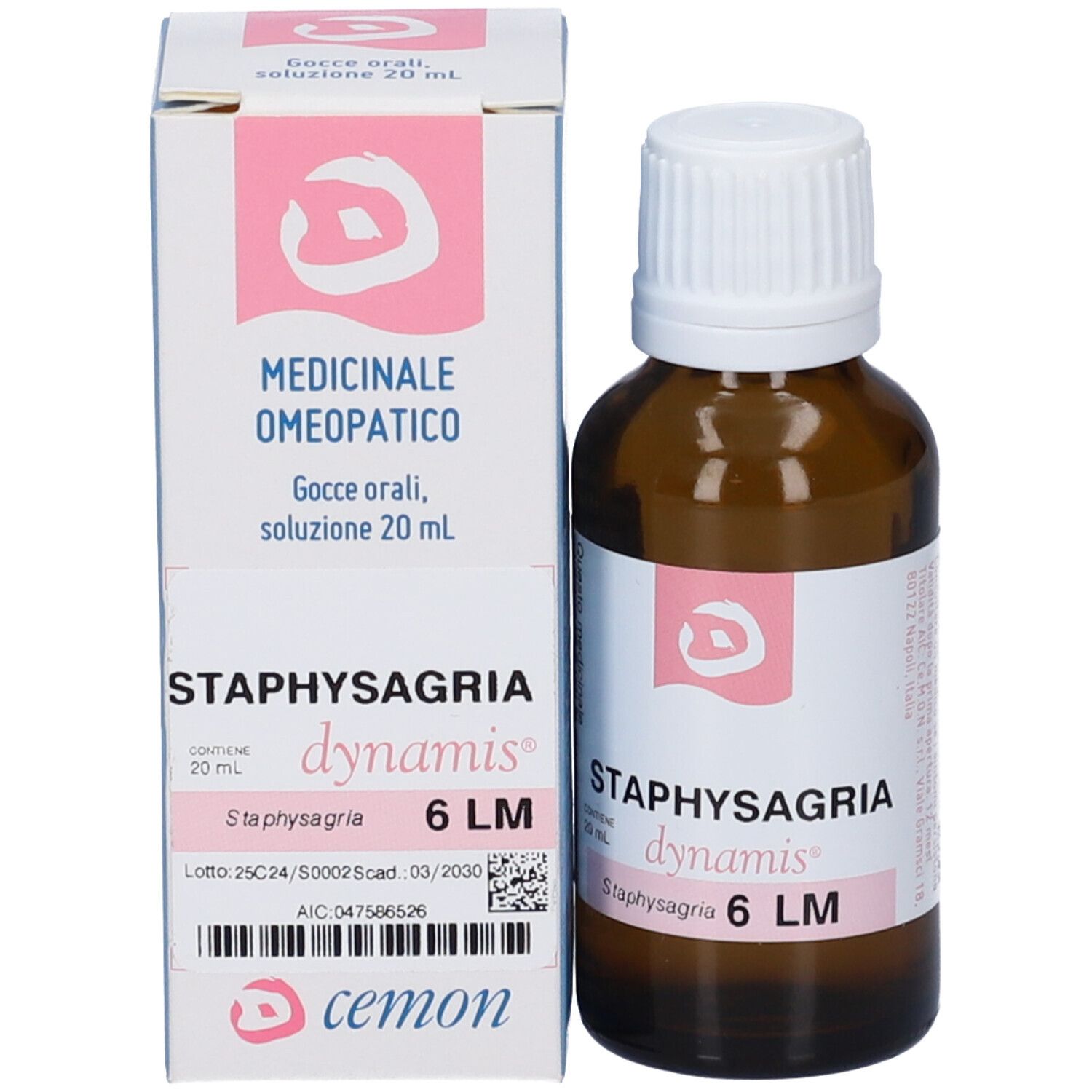 Flacone e confezione del prodotto. Flacone marrone, tappo bianco, etichetta. Scatola con informazioni.