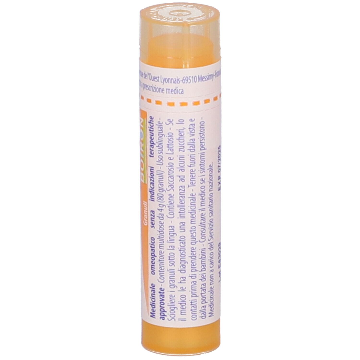 Tubo giallo Allium cepa 15 ch Granuli Boiron. Scritta: Granuli, omeopatico.
