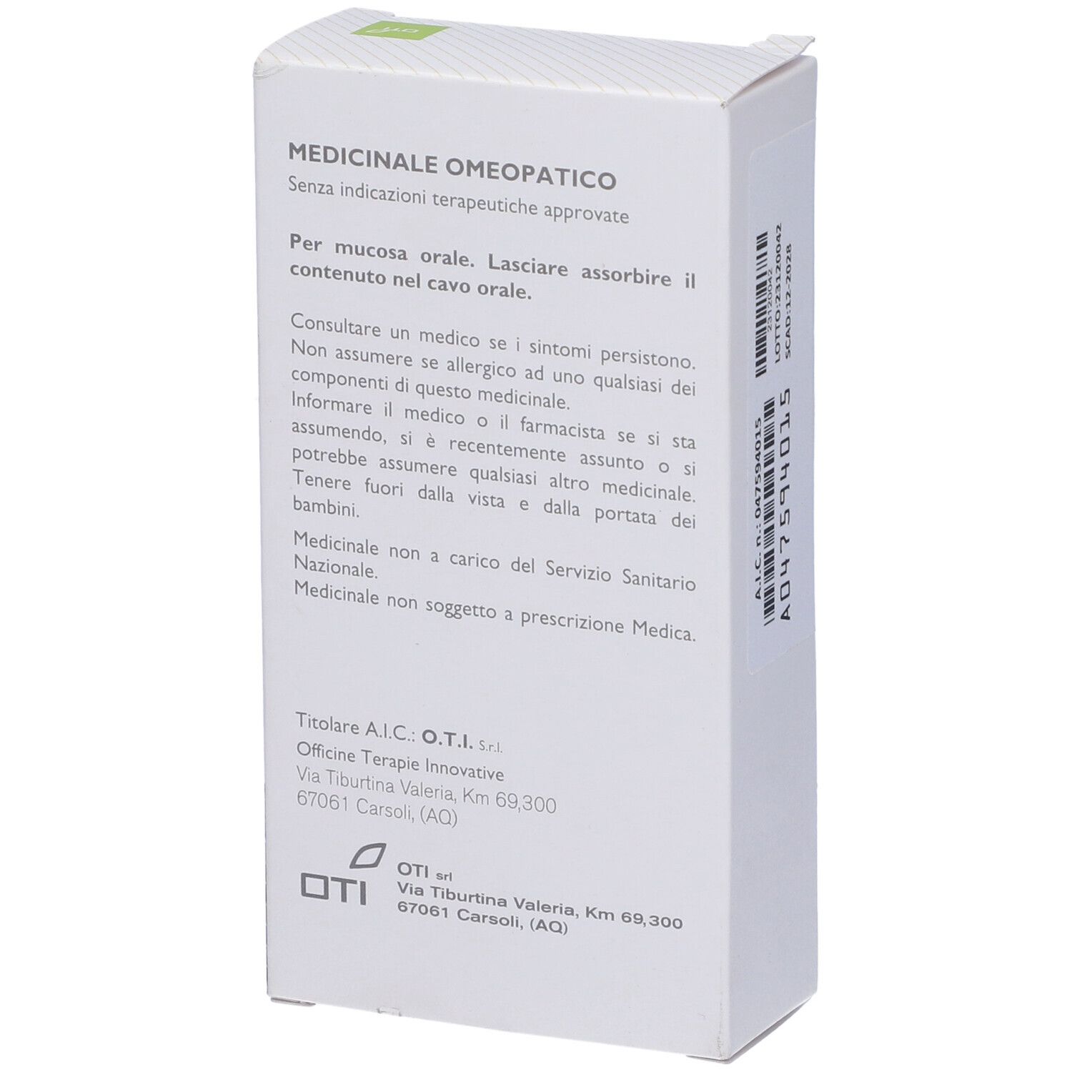 Retro della confezione del farmaco. Istruzioni e informazioni del produttore. Logo OTI. Testo in italiano.