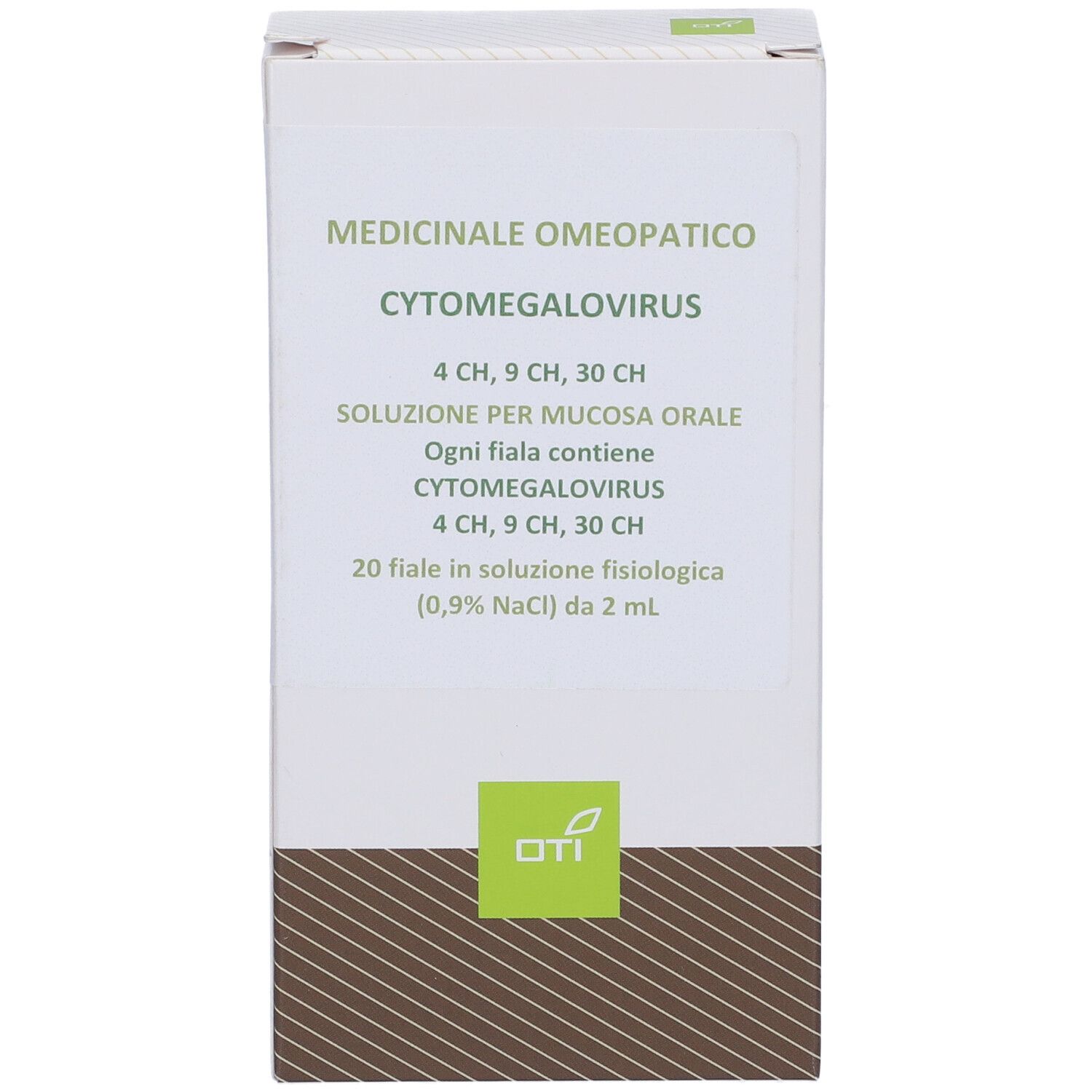 Medicinale omeopatico Cytomegalovirus. Confezione da 20 fiale. Logo OTI. Testo in italiano.