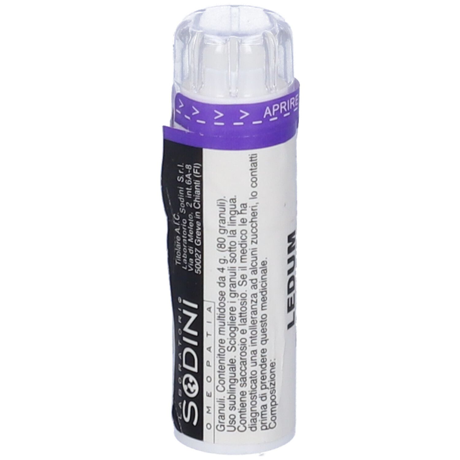 Flacone bianco con tappo trasparente. Scritta: LEDUM. Etichetta spiegata con testo. Marchio SODINI. Fascia viola con indicazioni di apertura.
