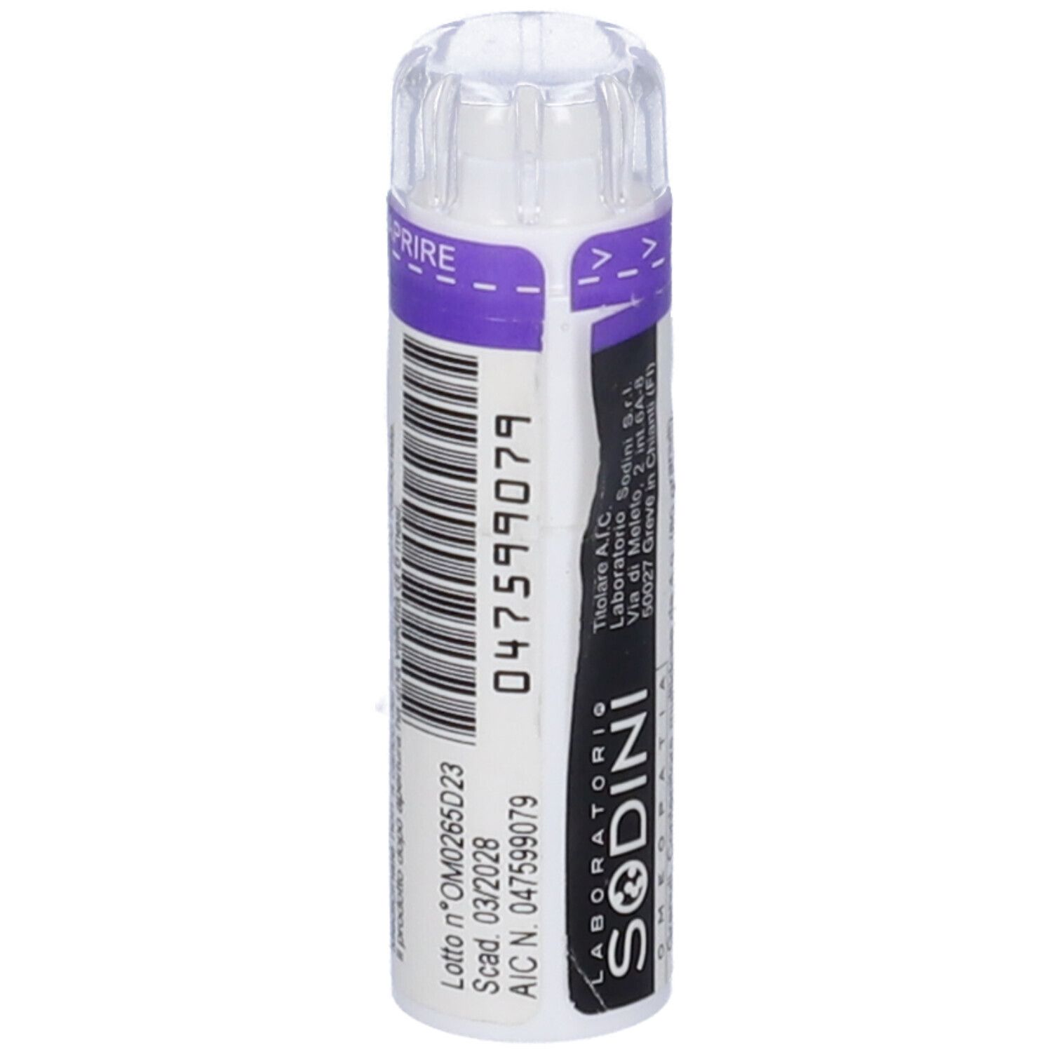 Flacone bianco con tappo trasparente. Scritta: SODINI. Numero stampato: 047599079. Fascia viola con indicazioni di apertura.