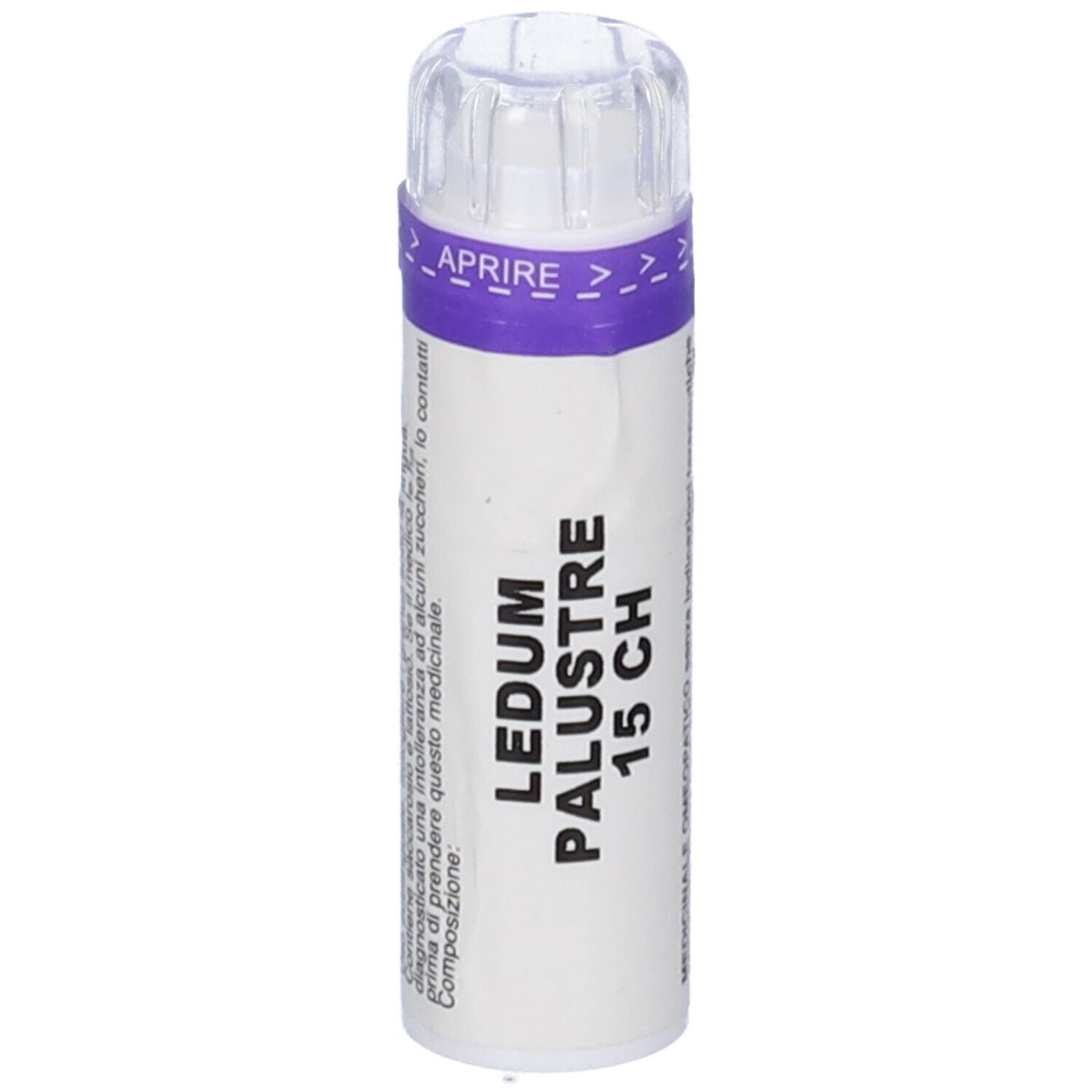 Flacone cilindrico bianco con tappo trasparente. Scritta: LEDUM PALUSTRE 15 CH. Fascia viola con indicazioni di apertura.