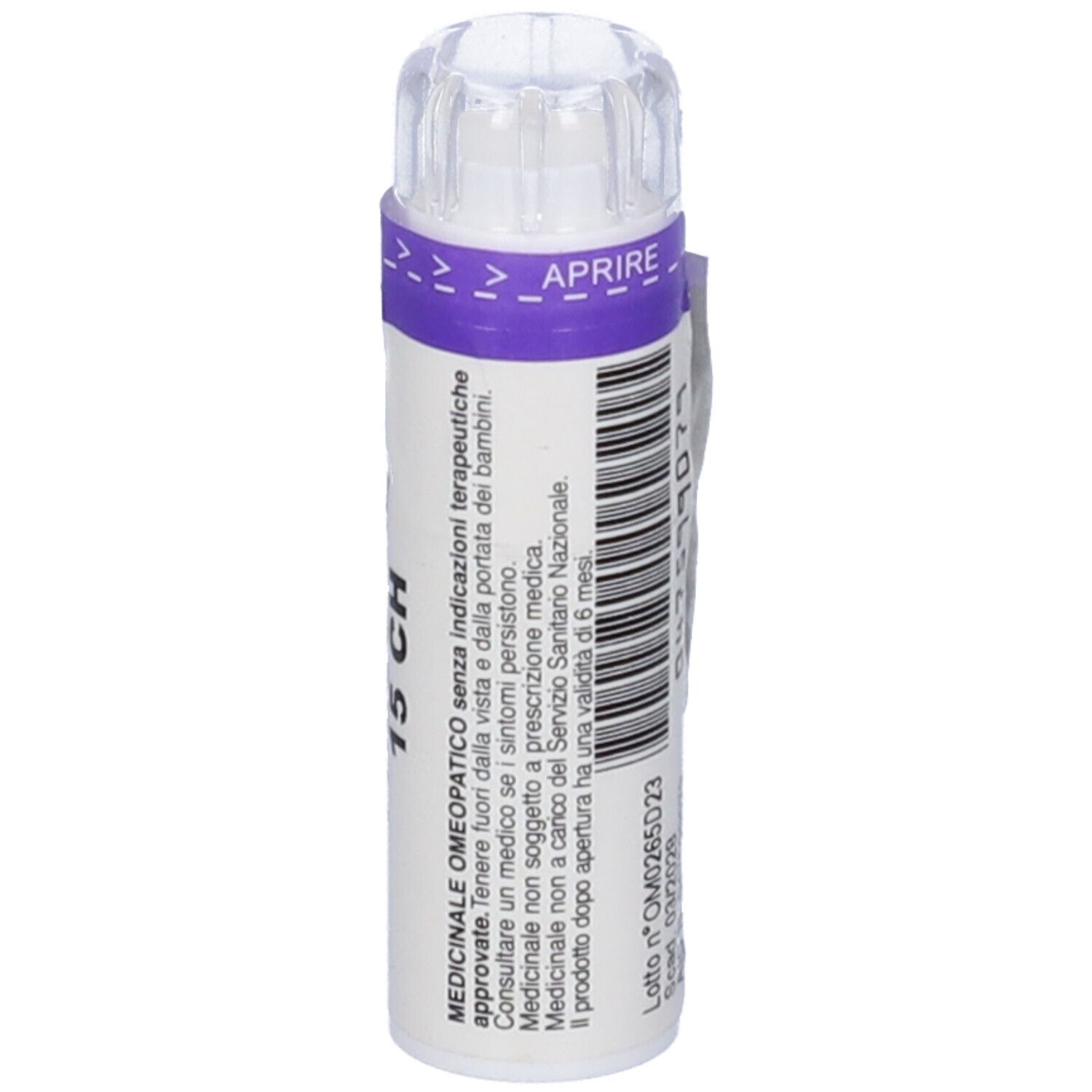 Flacone bianco con tappo trasparente. Scritta: LEDUM PALUSTRE 15 CH. Informazioni stampate sull'etichetta. Fascia viola con indicazioni di apertura.