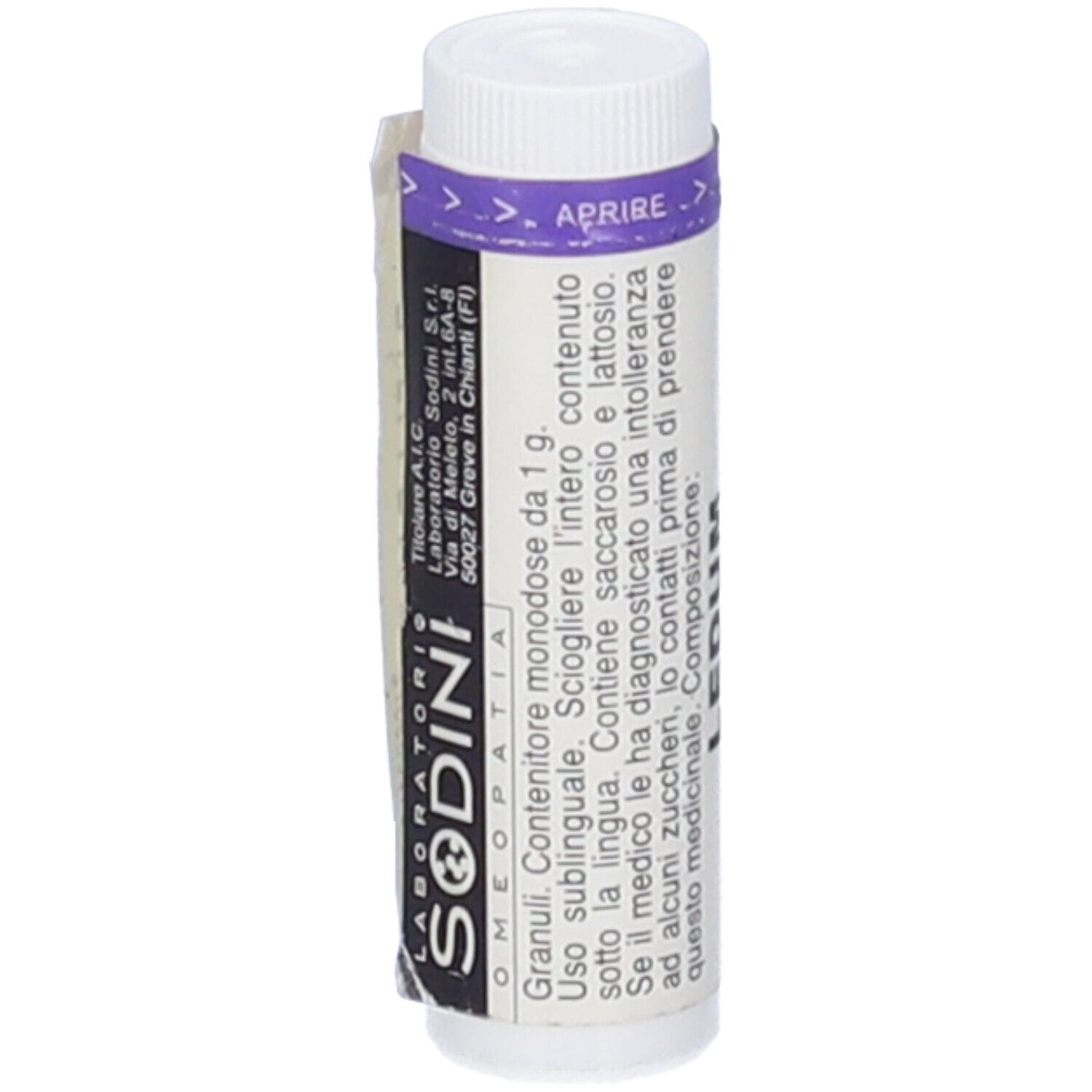 Contenitore cilindrico bianco con tappo. Scritta: SODINI OMEOPATIA. Etichetta con informazioni. Fascia viola.