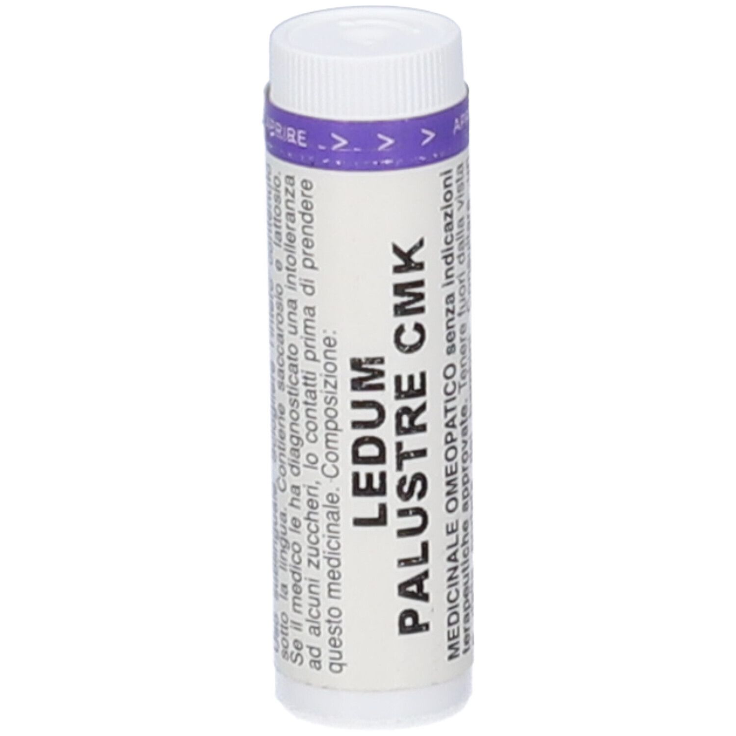 Contenitore cilindrico con tappo bianco. Scritta: LEDUM PALUSTRE CMK. Fascia viola con frecce.