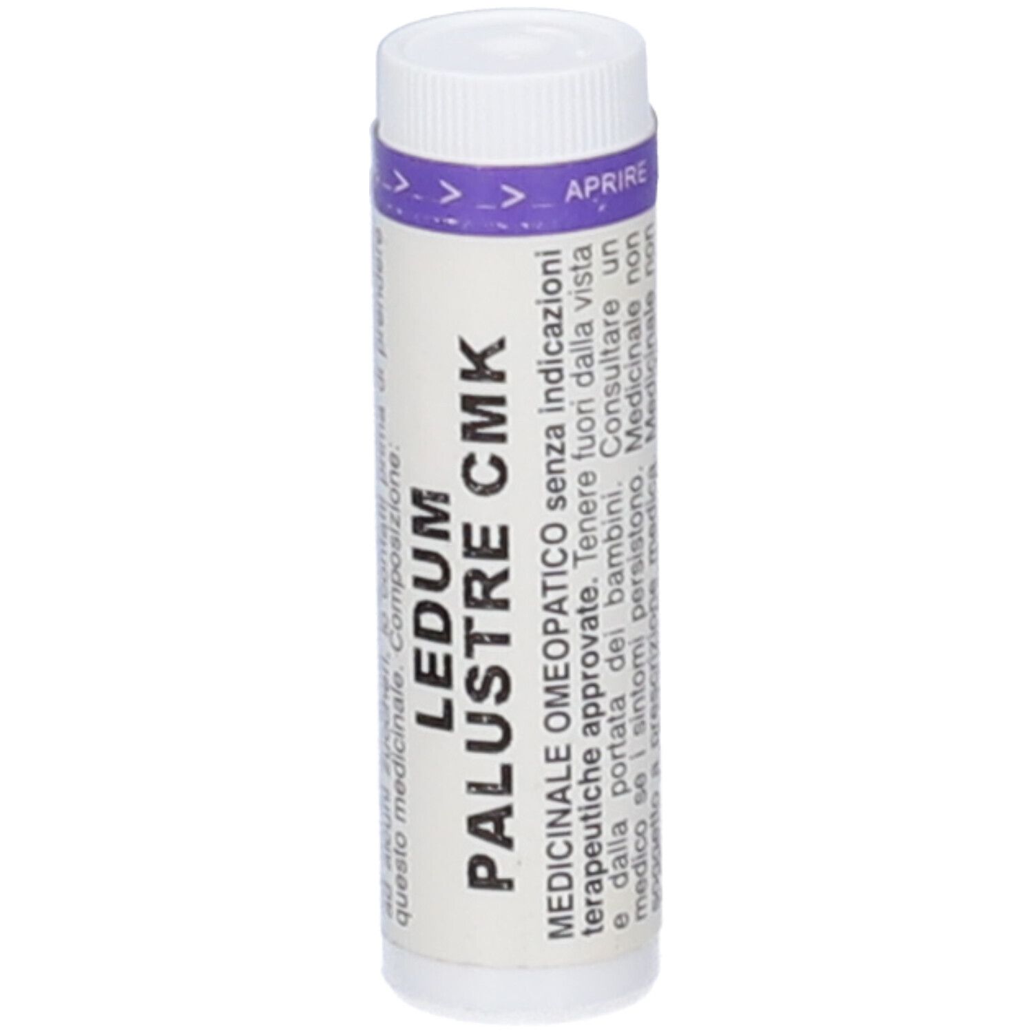 Contenitore cilindrico con tappo bianco. Scritta: LEDUM PALUSTRE CMK. Fascia viola con frecce.
