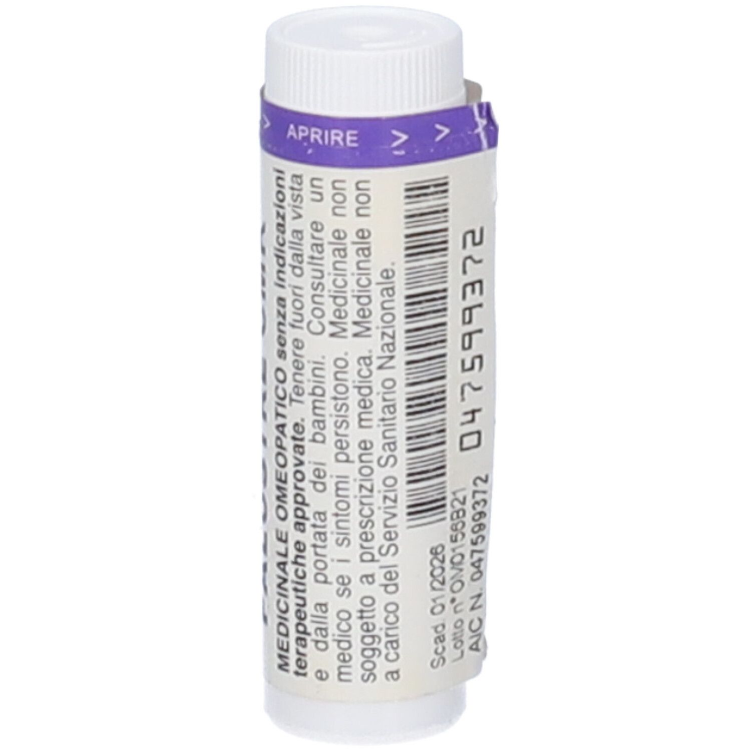 Contenitore cilindrico con tappo bianco. Scritta: OMEOPATICO. Etichetta con informazioni. Fascia viola.