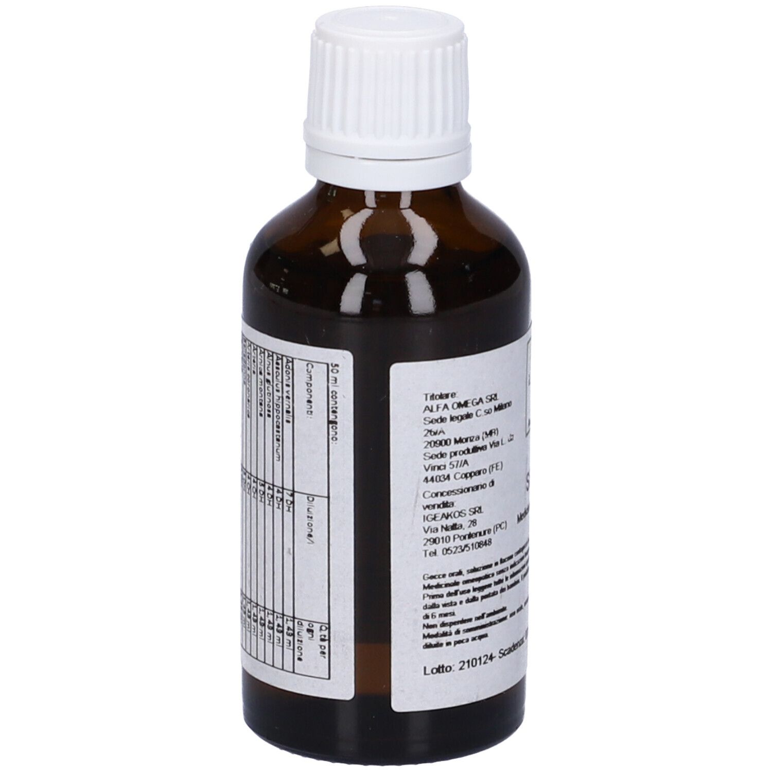 Flacone di vetro marrone con tappo bianco. Etichetta con testo. Logo Alfa Omega. Vista posteriore del flacone.