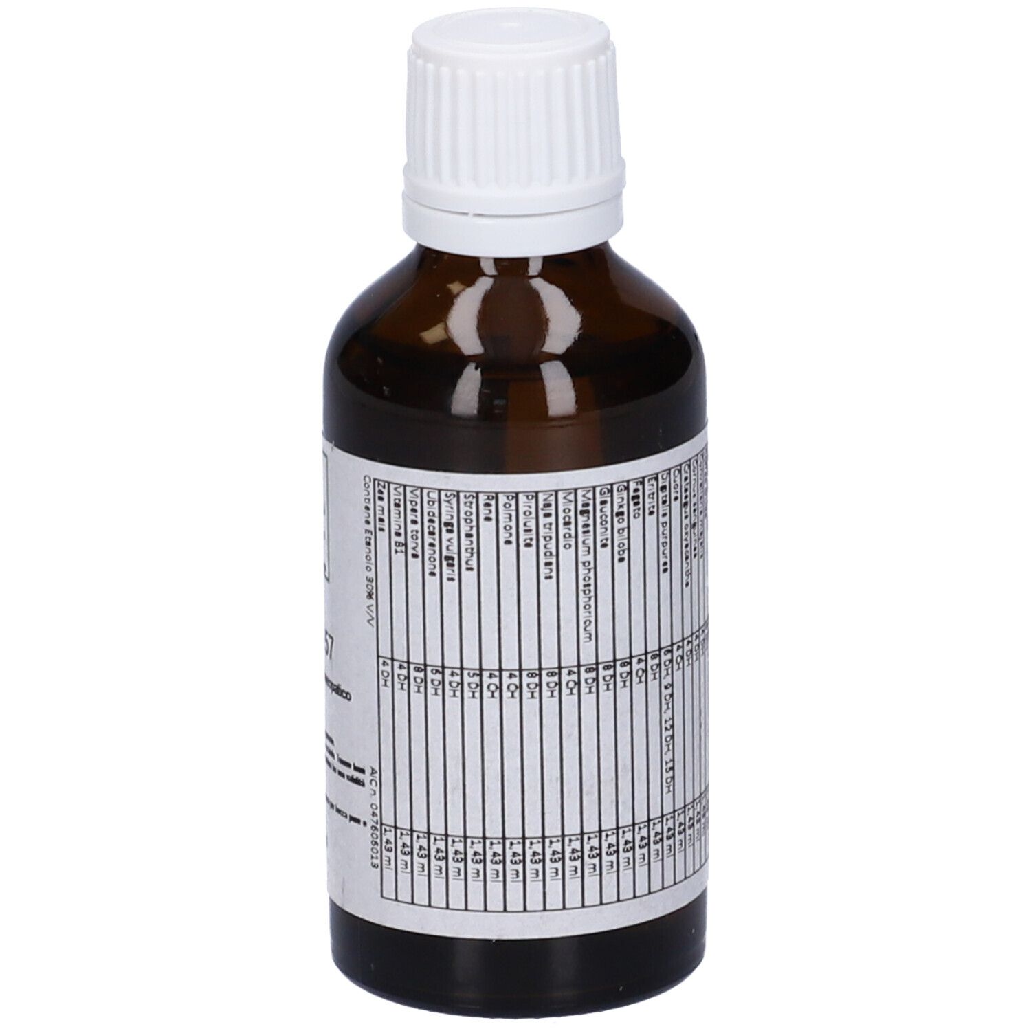 Flacone di vetro marrone con tappo bianco. Etichetta con testo. SIN 57, Medicinale omeopatico. Primo piano.