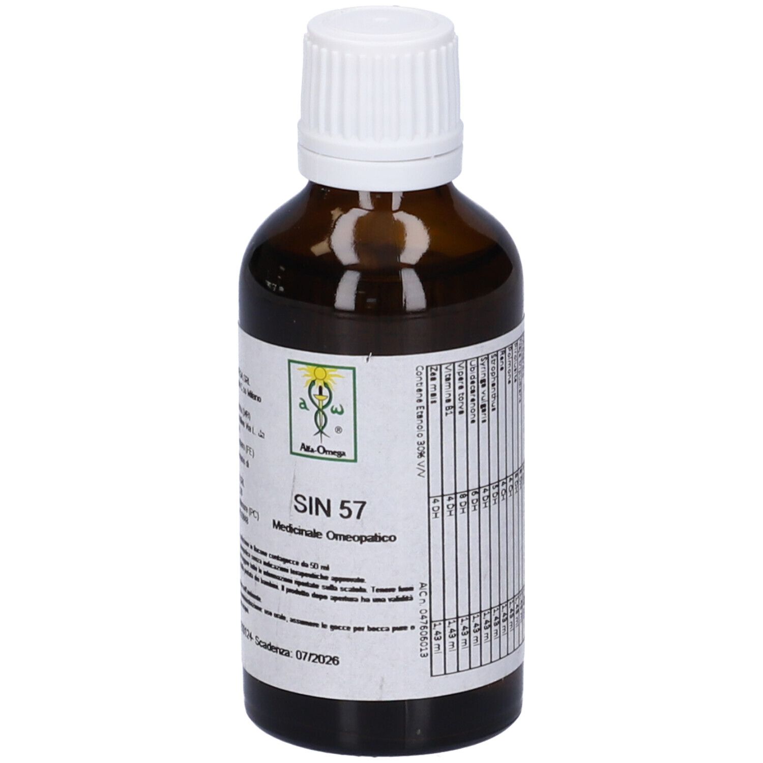 Flacone di vetro marrone con tappo bianco. Etichetta con testo. SIN 57, Medicinale omeopatico. Logo Alfa Omega.