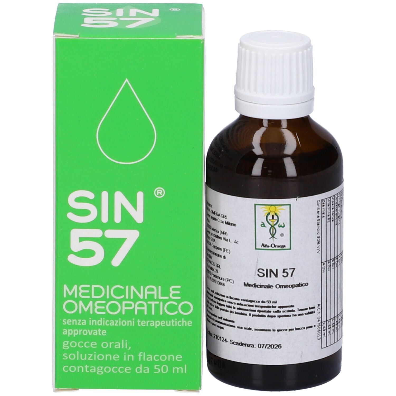 Flacone di vetro marrone con tappo bianco e scatola verde. SIN 57, Medicinale omeopatico. Flacone contagocce.