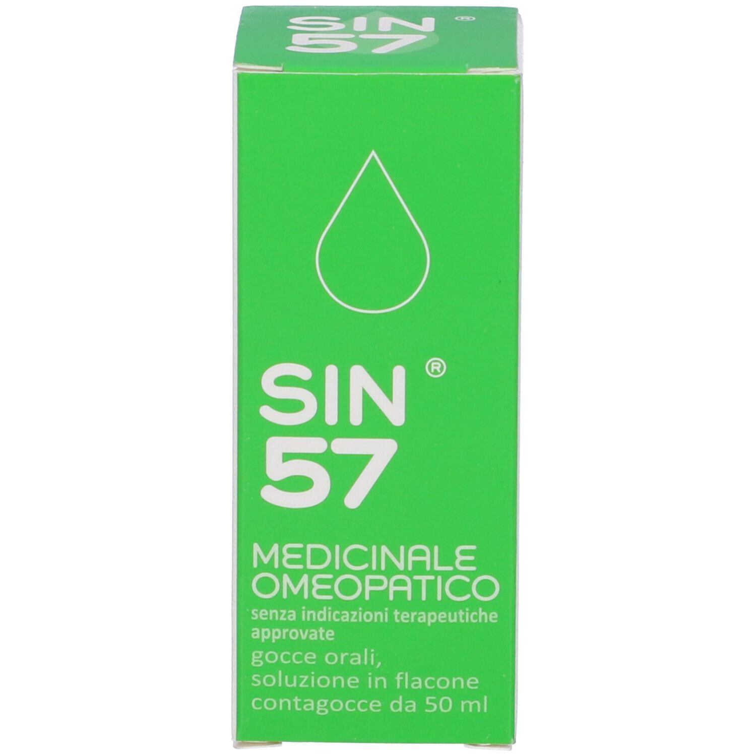 Scatola verde con testo. SIN 57, Medicinale omeopatico. Gocce, soluzione in flacone. Flacone contagocce.