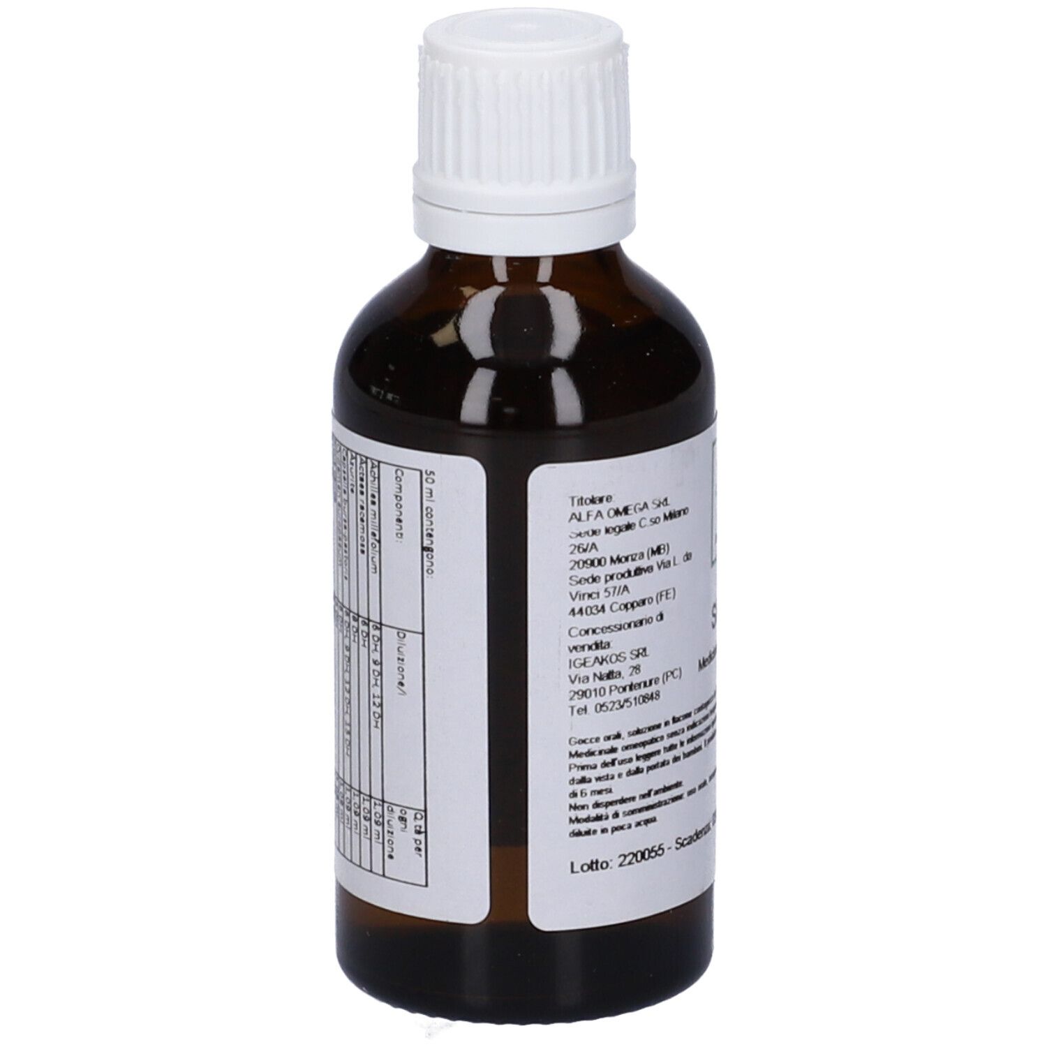 Flacone di vetro marrone con tappo bianco. Etichetta con testo e informazioni produttore. Vista posteriore.