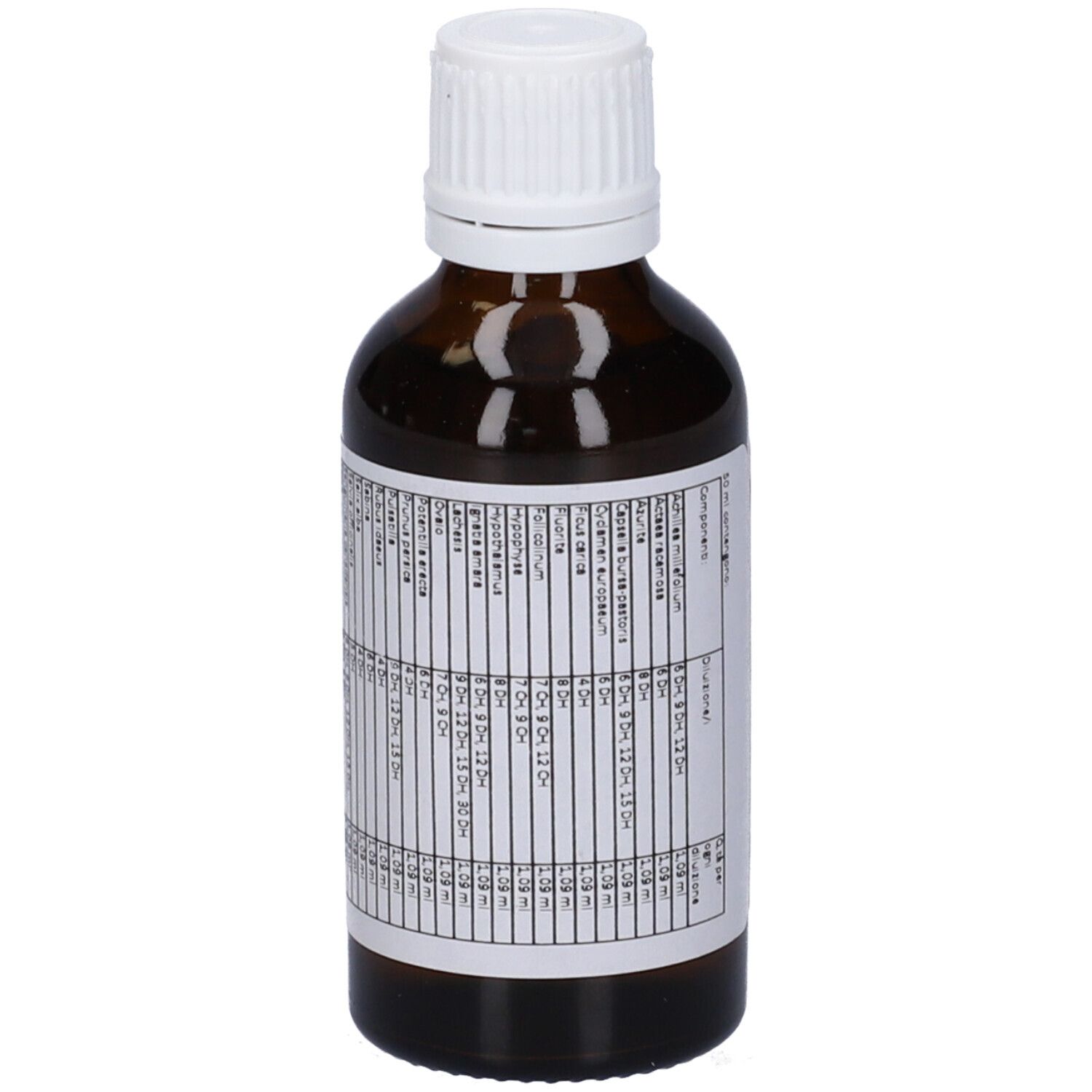 Flacone di vetro marrone con tappo bianco. Etichetta con testo. Primo piano degli ingredienti e informazioni.