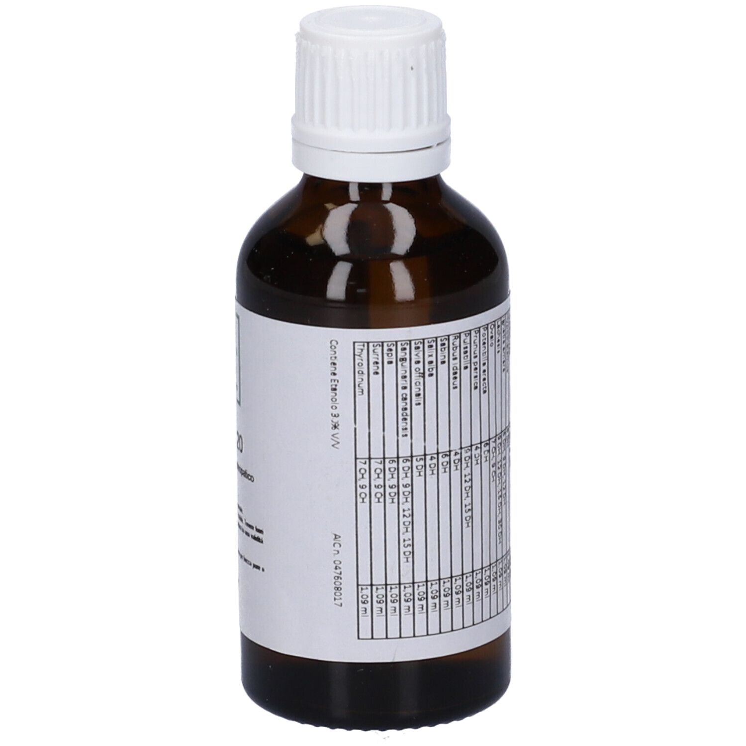 Flacone di vetro marrone con tappo bianco. Etichetta con testo. Primo piano degli ingredienti e informazioni.