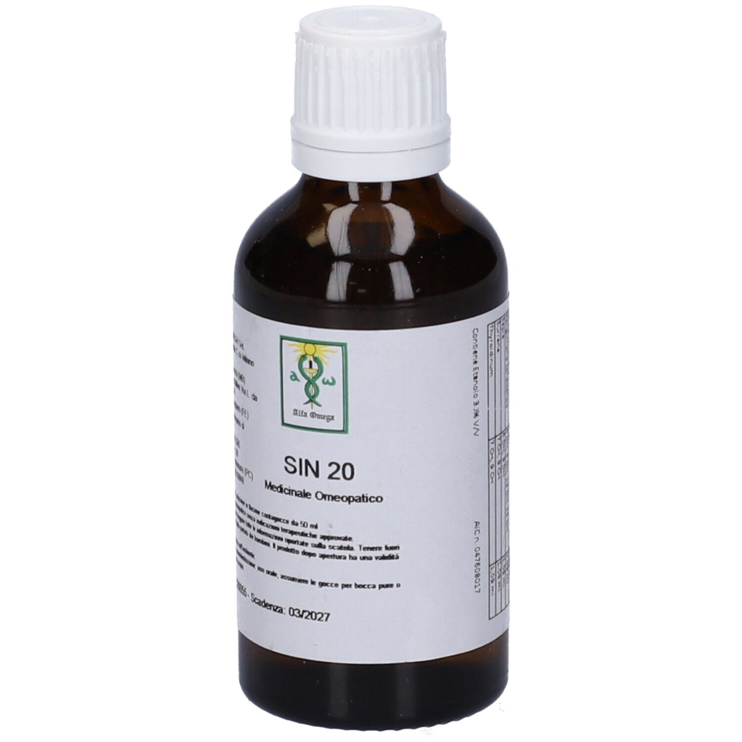 Flacone di vetro marrone con tappo bianco. Etichetta con testo: SIN 20, Medicinale Omeopatico. Logo verde.