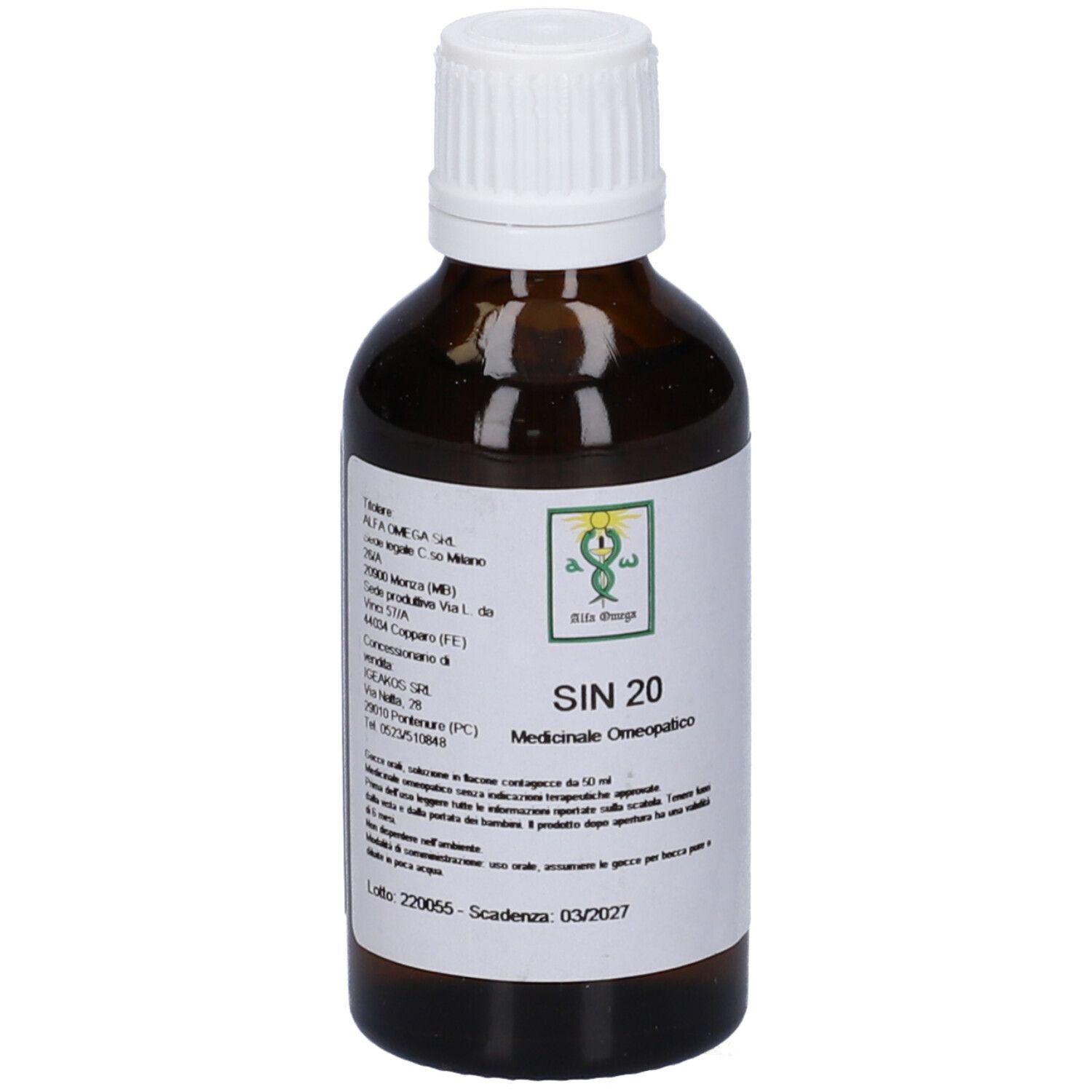 Flacone di vetro marrone con tappo bianco. Etichetta con testo: SIN 20, Medicinale Omeopatico. Logo verde.