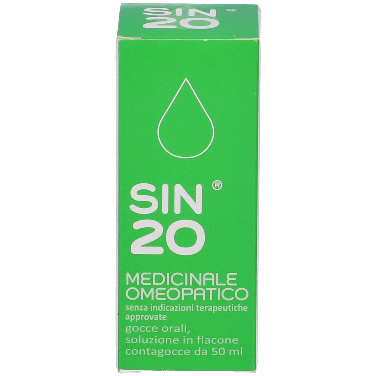 Scatola verde con scritta bianca: SIN 20, Medicinale Omeopatico. Contagocce, 50 ml.