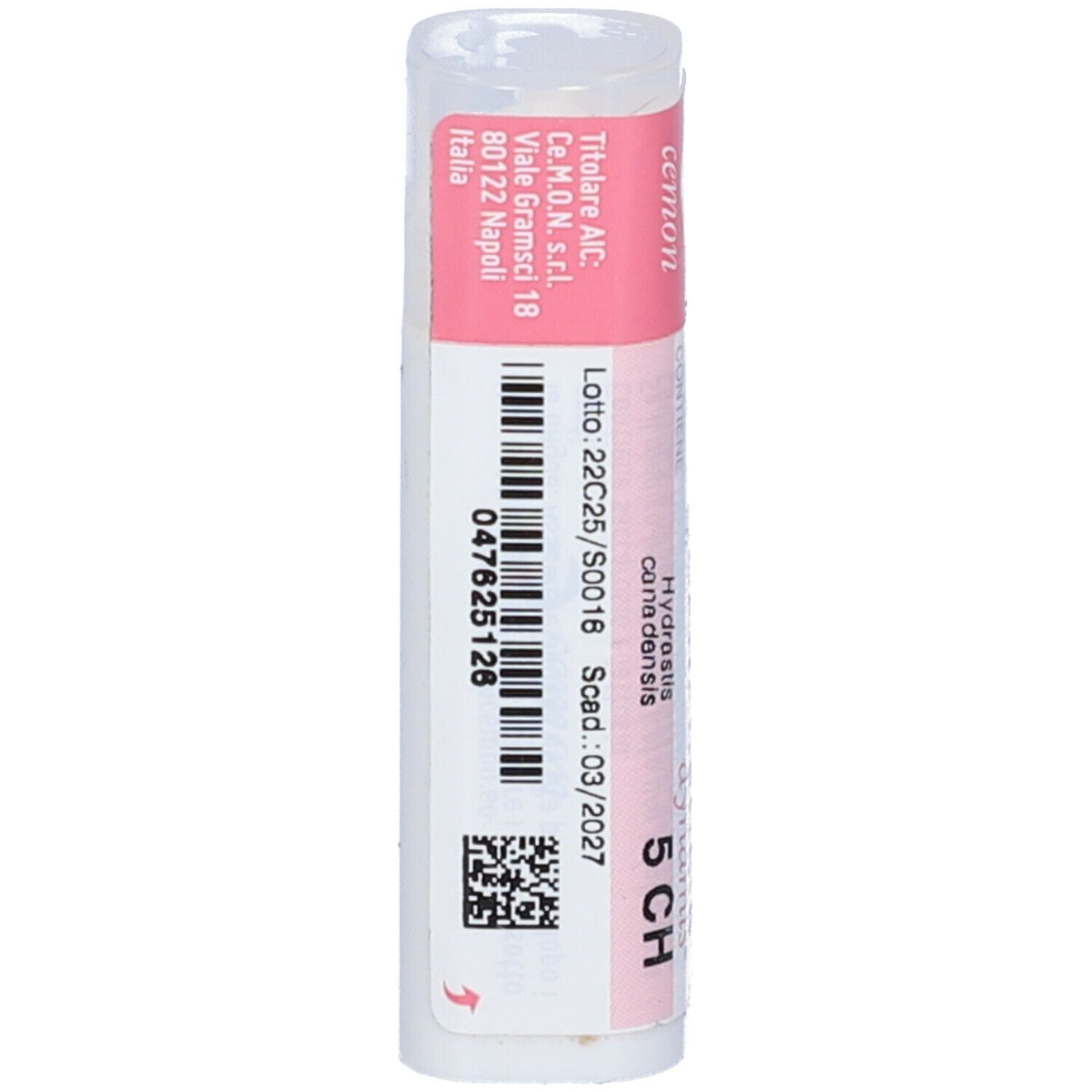 Confezione cilindrica con etichetta rosa e bianca. Testo: Hydrastis Canadensis, 5 CH, dynamis. Codice a barre e QR.