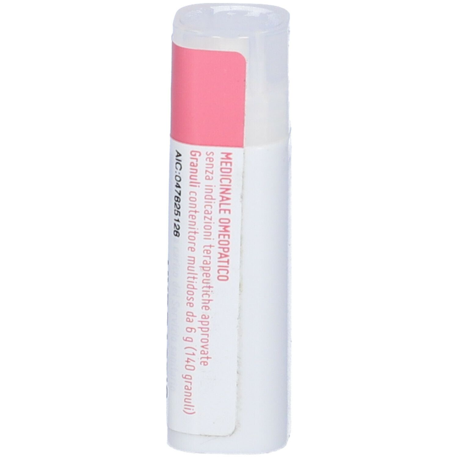 Confezione cilindrica con etichetta rosa e bianca. Testo: Medicinale, senza indicazioni specifiche. 140 granuli.