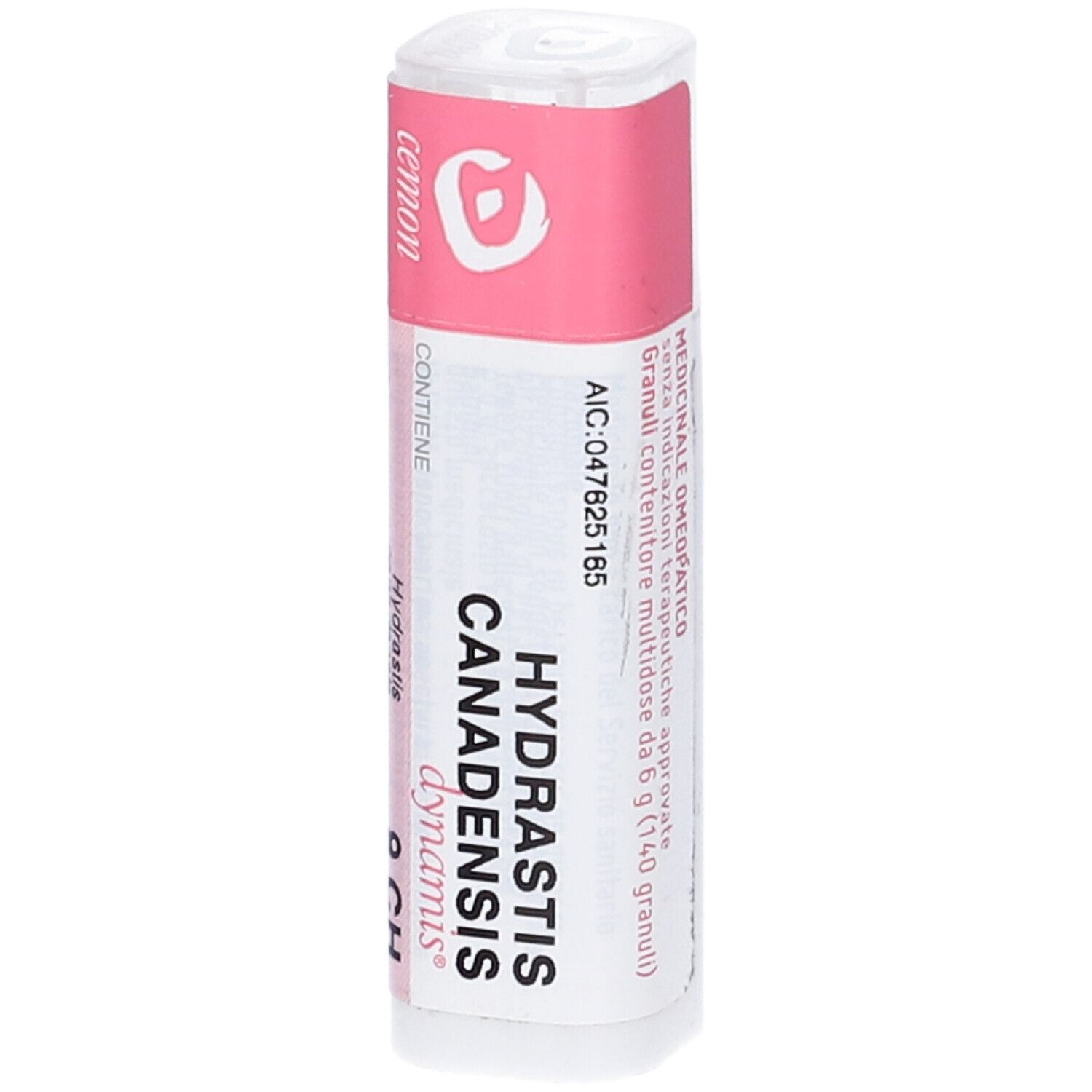 Flacone cilindrico con etichetta rosa. Scritta: Hydrastis Canadensis, 9 CH, Granuli.