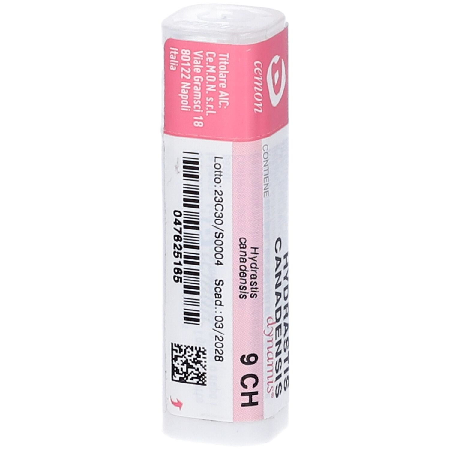 Flacone cilindrico con etichetta rosa. Scritta: Hydrastis Canadensis, 9 CH, lotto, scadenza.