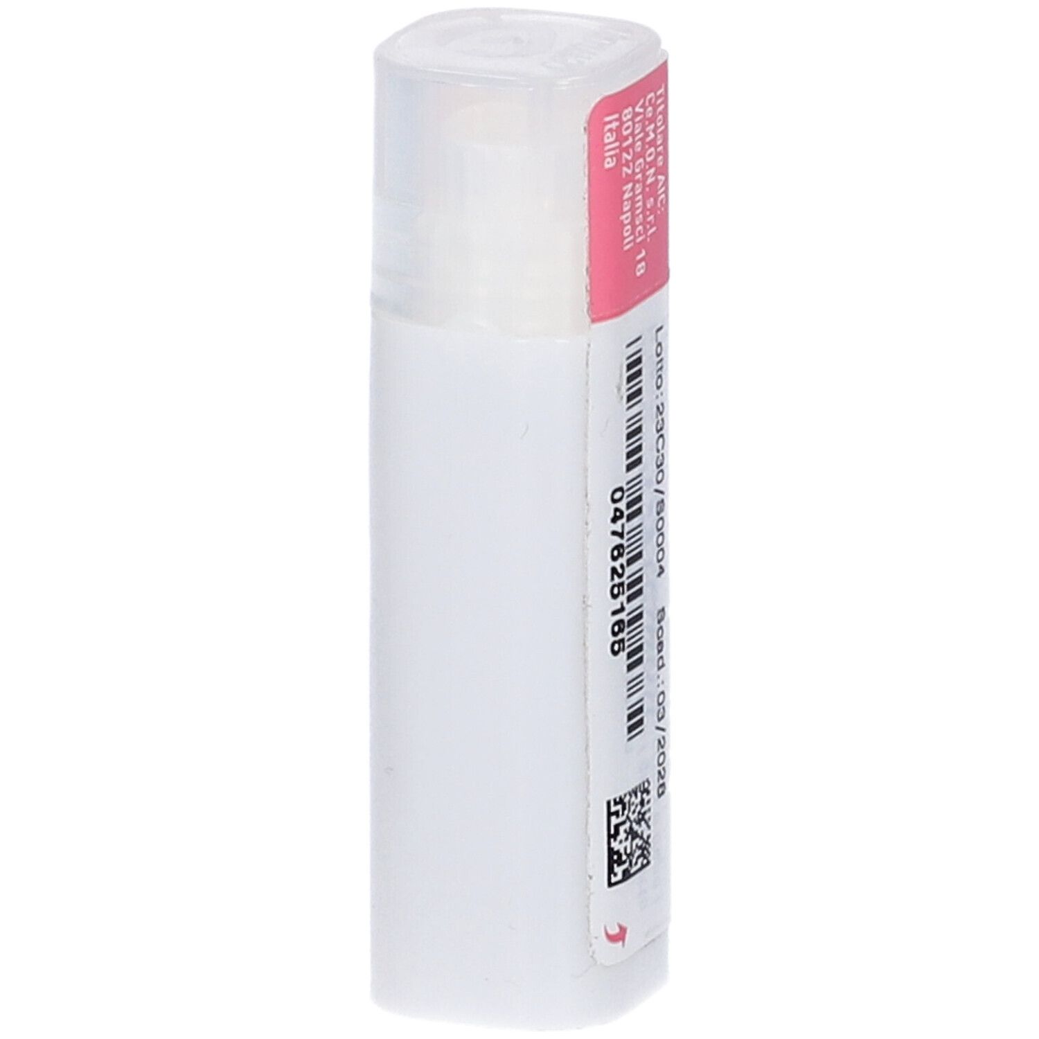 Flacone cilindrico con etichetta rosa. Scritta: lotto, scadenza, codice a barre.