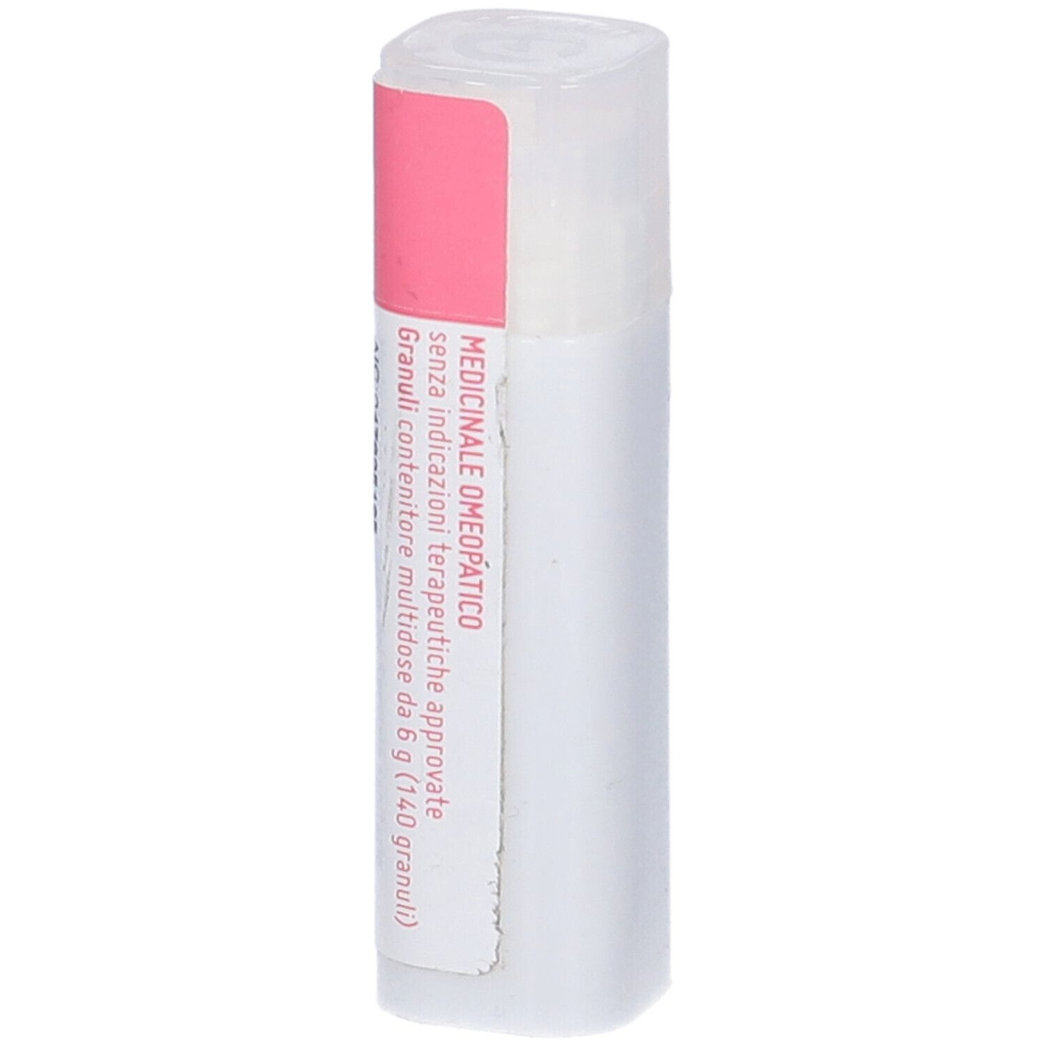 Flacone cilindrico con etichetta rosa. Scritta: Informazioni mediche, Granuli.