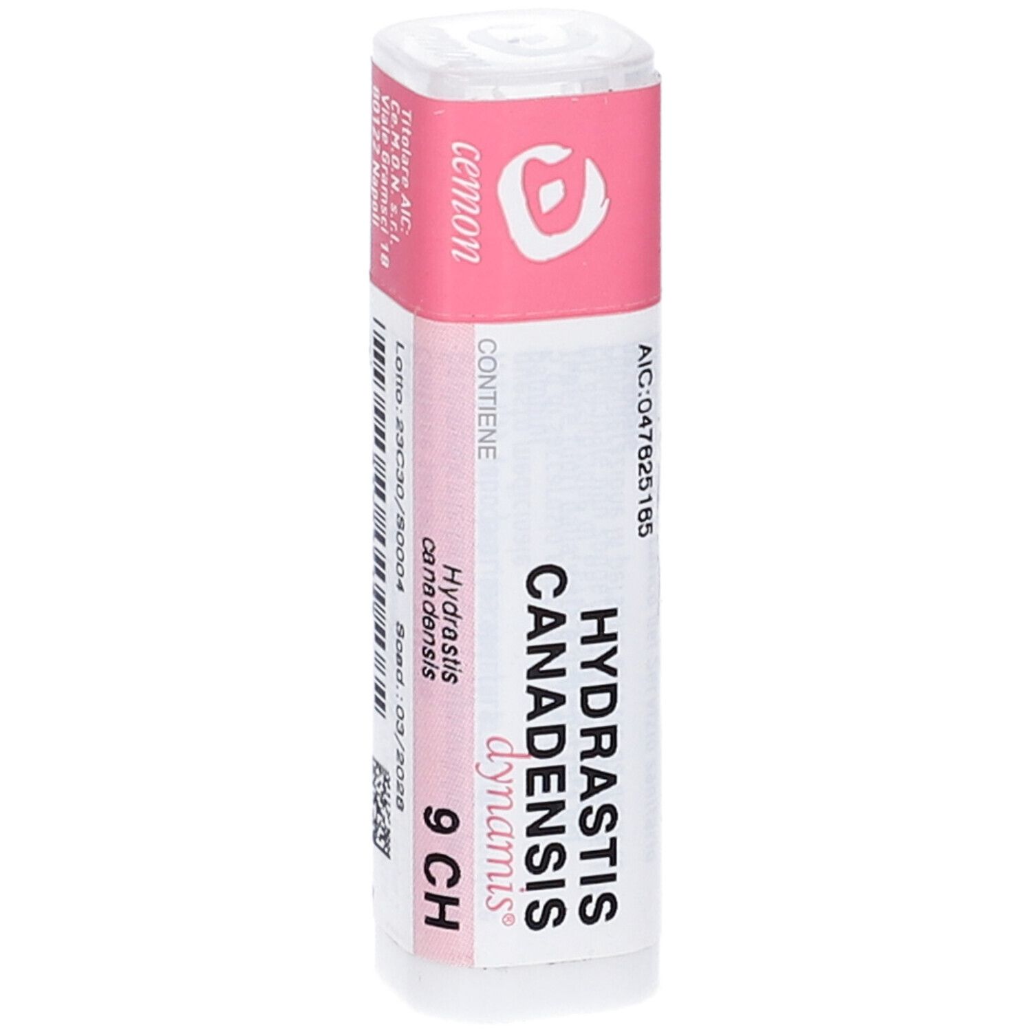 Flacone cilindrico con etichetta rosa. Scritta: Hydrastis Canadensis, 9 CH, lotto, scadenza.