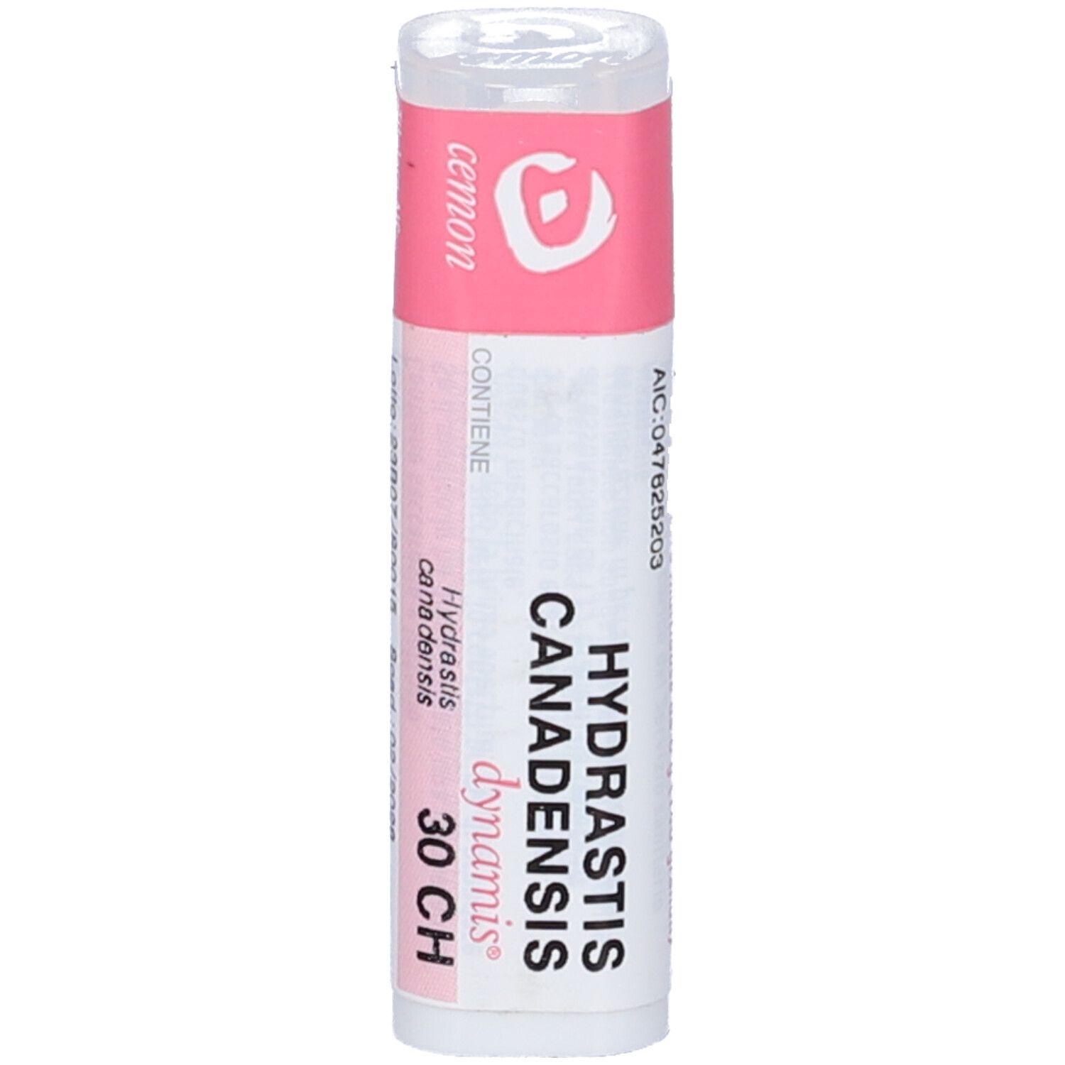 Flacone cilindrico con etichetta rosa. Scritte: Hydrastis canadensis, 30 CH, dynamis. Tappo trasparente.