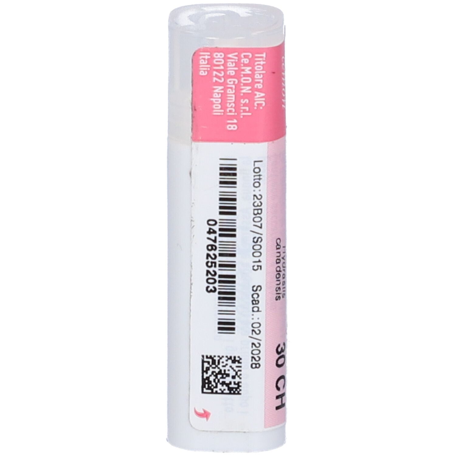 Flacone cilindrico con etichetta rosa. Scritte: Hydrastis canadensis, 30 CH, dynamis. Codice a barre e QR.
