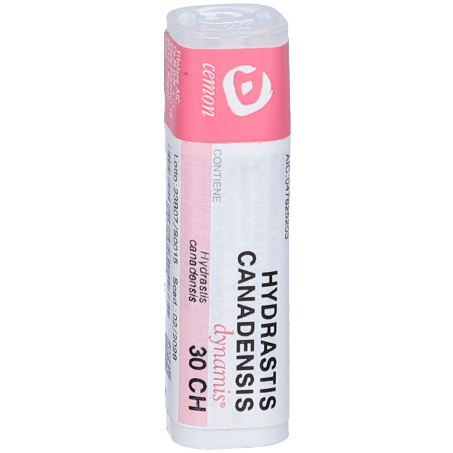 Flacone cilindrico con etichetta rosa. Scritte: Hydrastis canadensis, 30 CH, dynamis. Tappo trasparente.