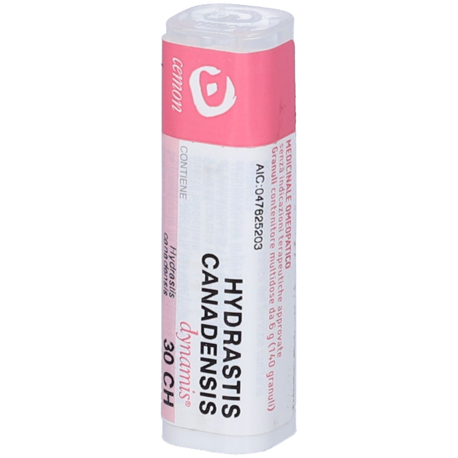 Flacone cilindrico con etichetta rosa. Scritte: Hydrastis canadensis, 30 CH, dynamis. Righe di testo aggiuntive.