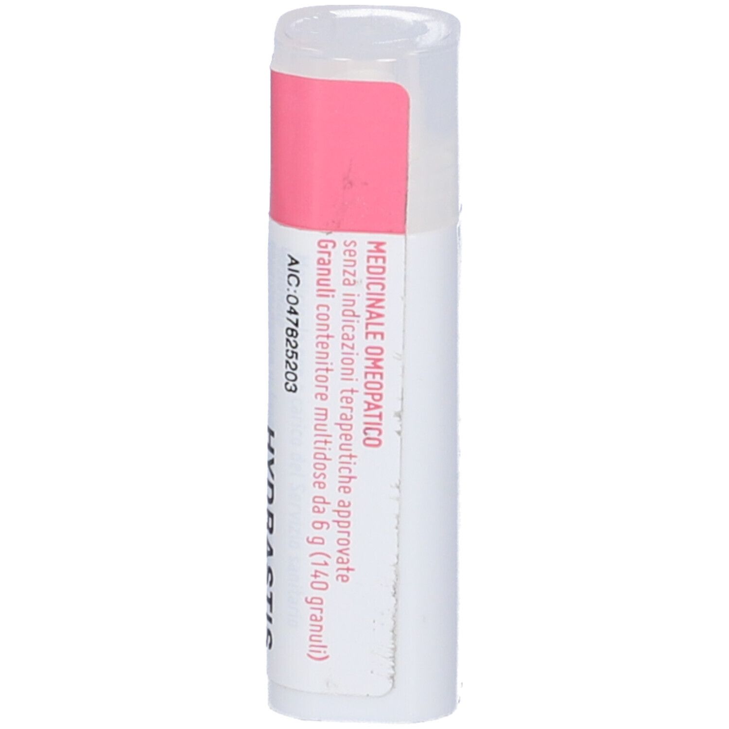Flacone cilindrico con etichetta rosa. Scritte: Hydrastis canadensis, 30 CH, dynamis. Testo aggiuntivo.