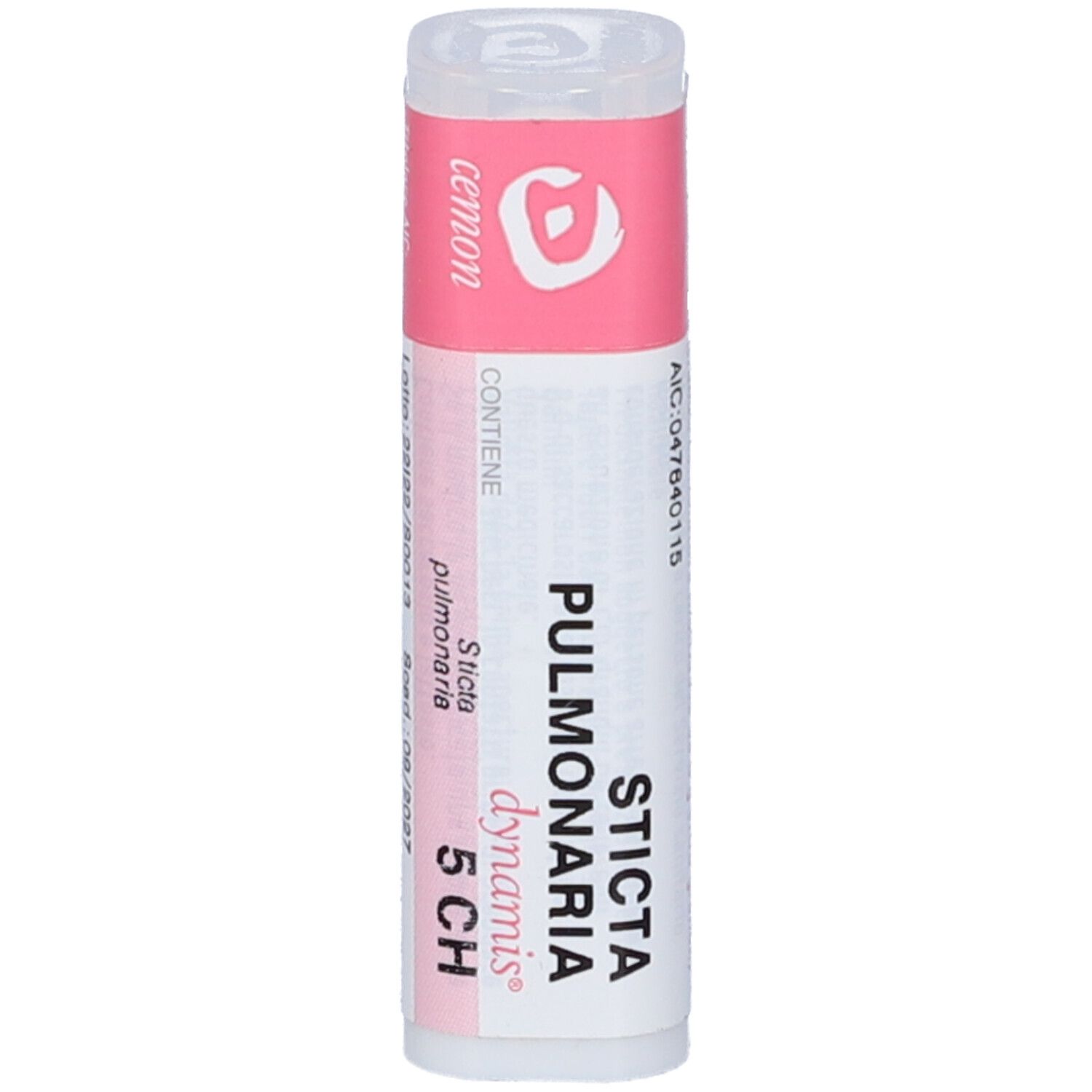 Confezione cilindrica con etichette rosa e bianche. Scritte: Sticta Pulmonaria 5 CH, dynamis.