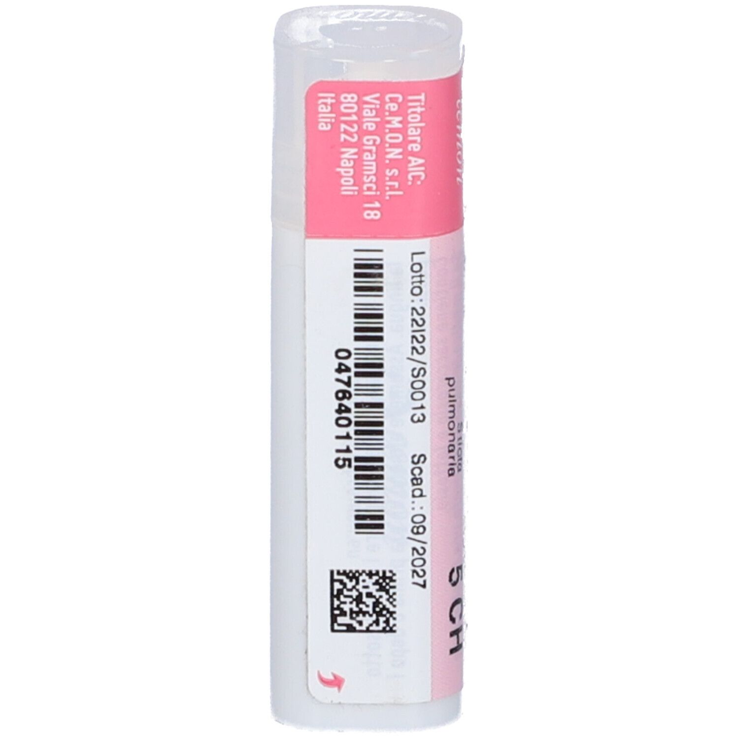 Confezione cilindrica con etichette rosa e bianche. Scritte: codice a barre, numero di lotto, data di scadenza.